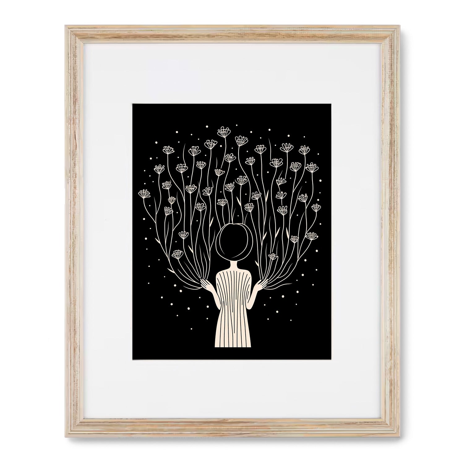 A black and white modern wall art print of "You Are Made of Stardust" by Stannie & Lloyd, featuring a woman holding flowers.