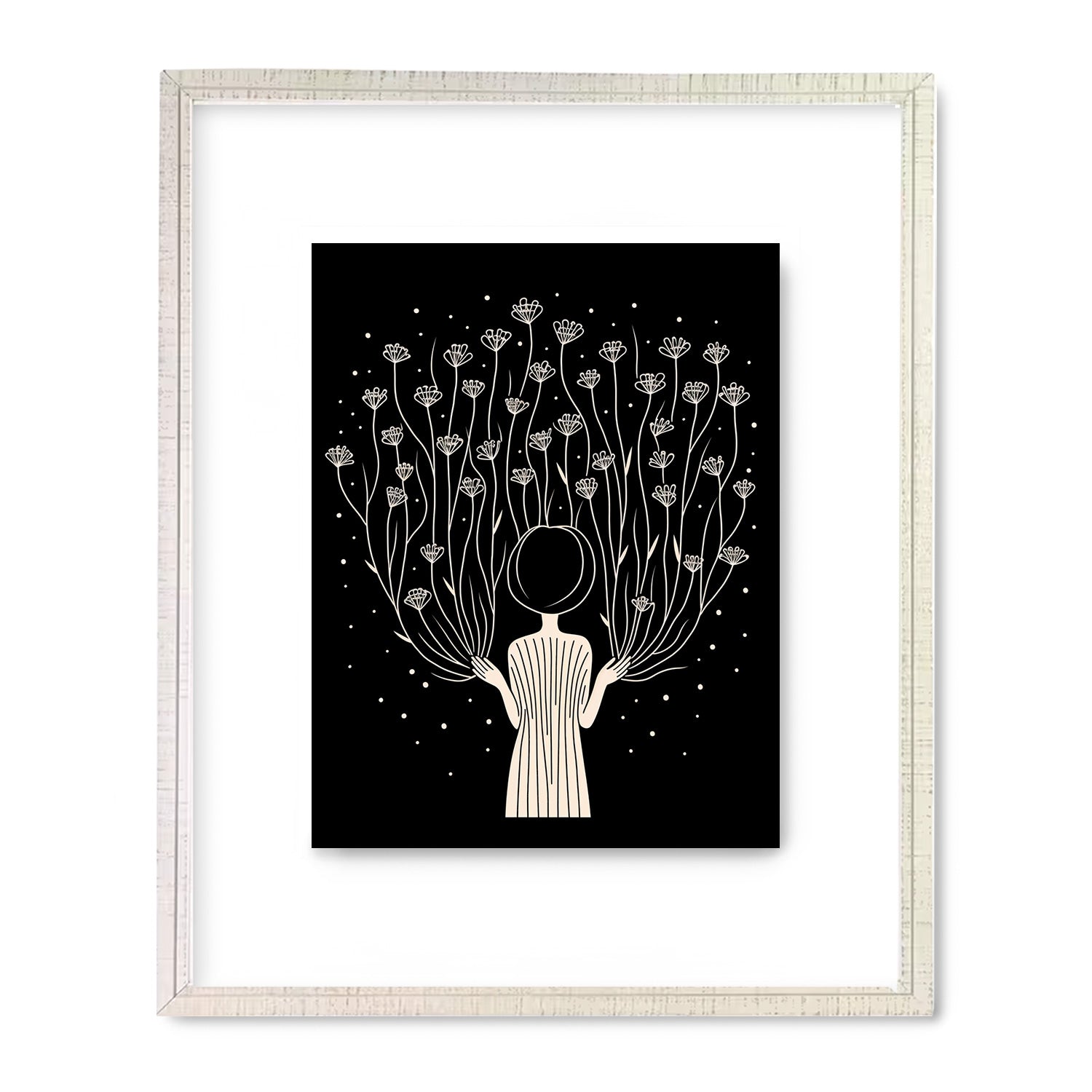 A black and white print of a woman holding flowers, perfect for You Are Made of Stardust artworks prints or a vintage poster by Stannie & Lloyd.