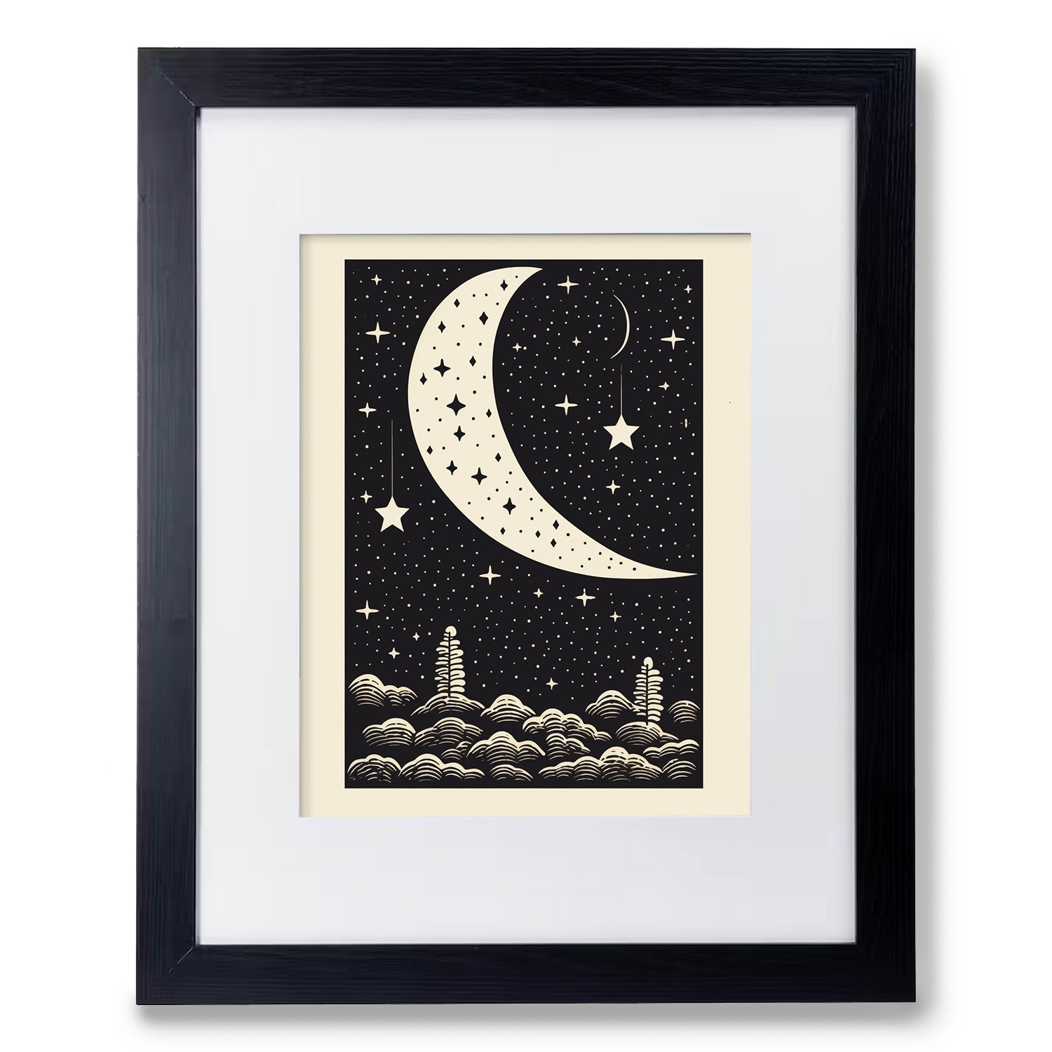 A black and white print of a moon and stars, framed as a vintage poster called "Where Stars Are Bright" by Stannie & Lloyd.