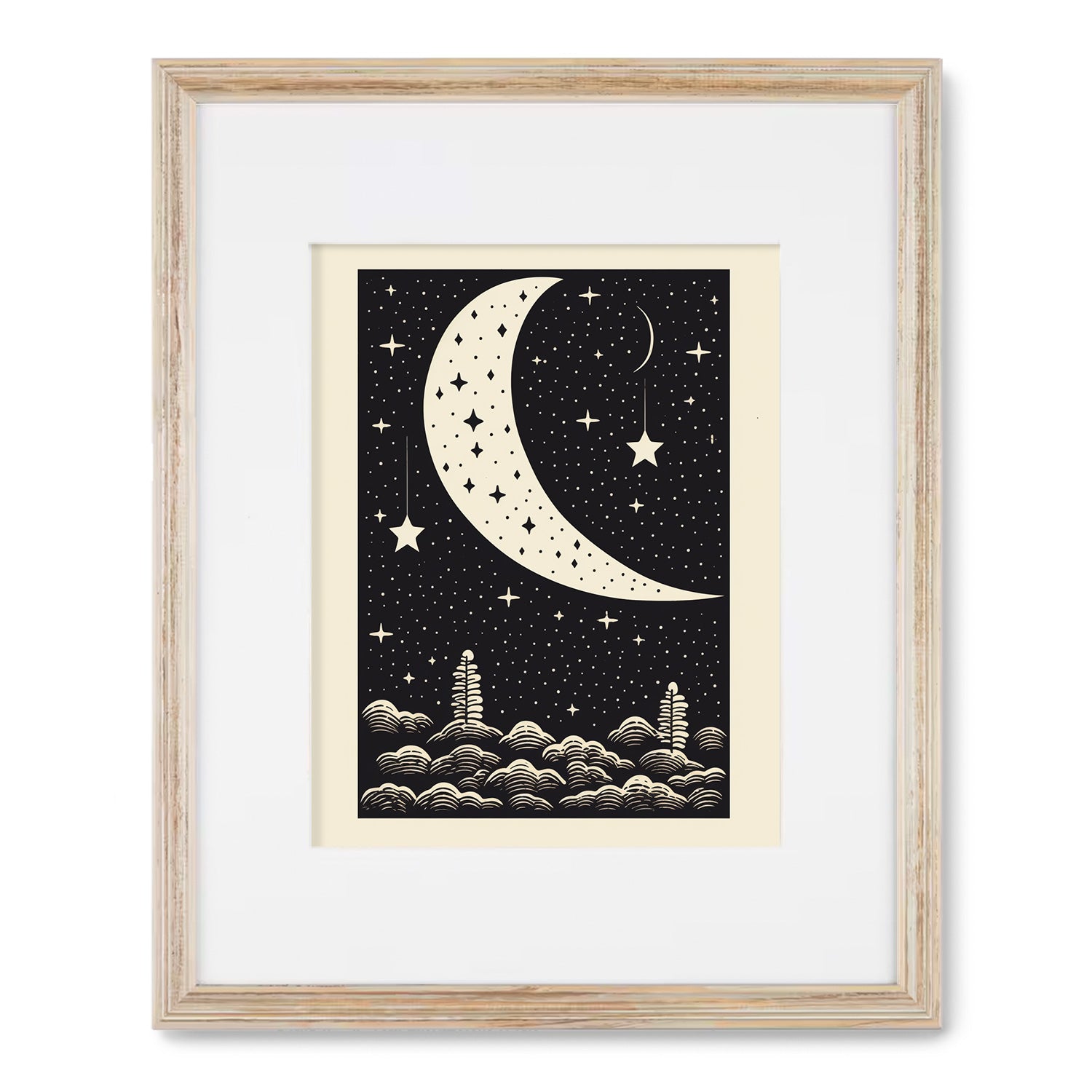 A black and white art print of the moon and stars from Where Stars Are Bright by Stannie & Lloyd.