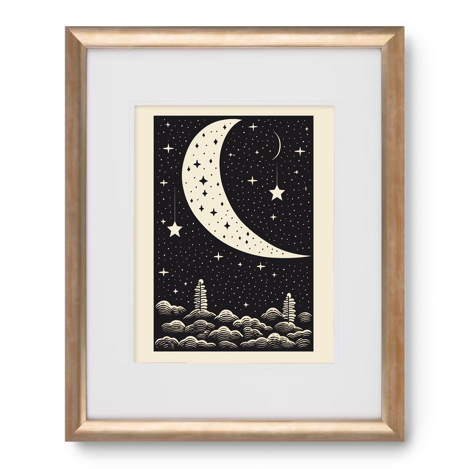 A black and white print of Where Stars Are Bright by Stannie & Lloyd in a gold frame.