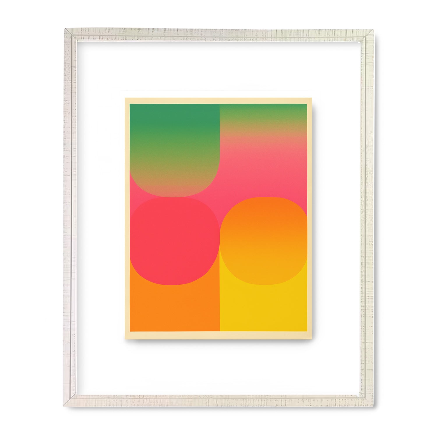 A white Sweet Tart frame with a Stannie & Lloyd modern art and print featuring a yellow, orange, and green abstract.