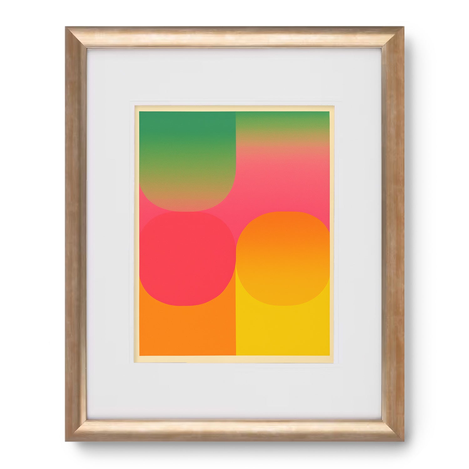 A framed print of the Sweet Tart, a yellow, orange, and green abstract painting by Stannie & Lloyd, is available among the artworks prints.