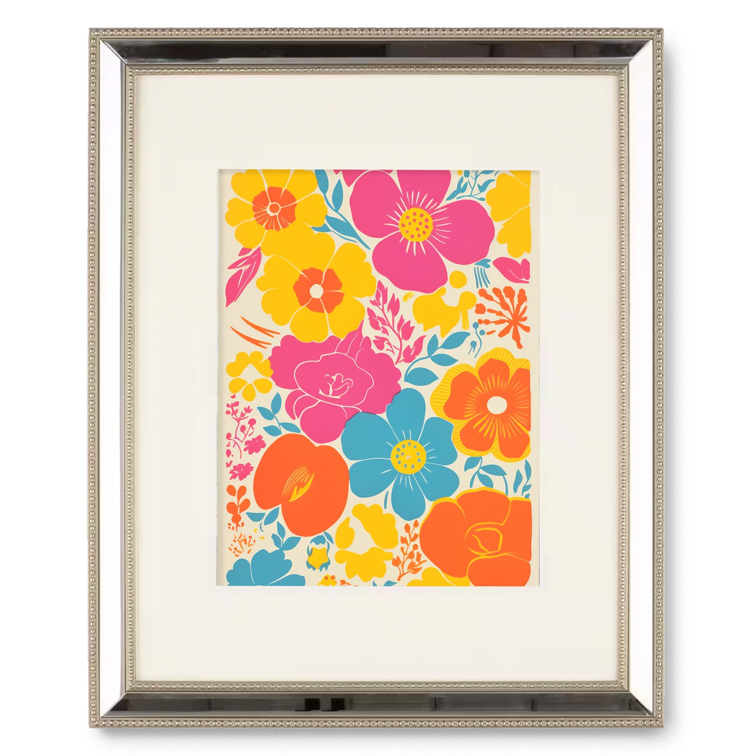 A vintage Millie poster of colorful flowers in a Stannie & Lloyd silver frame.