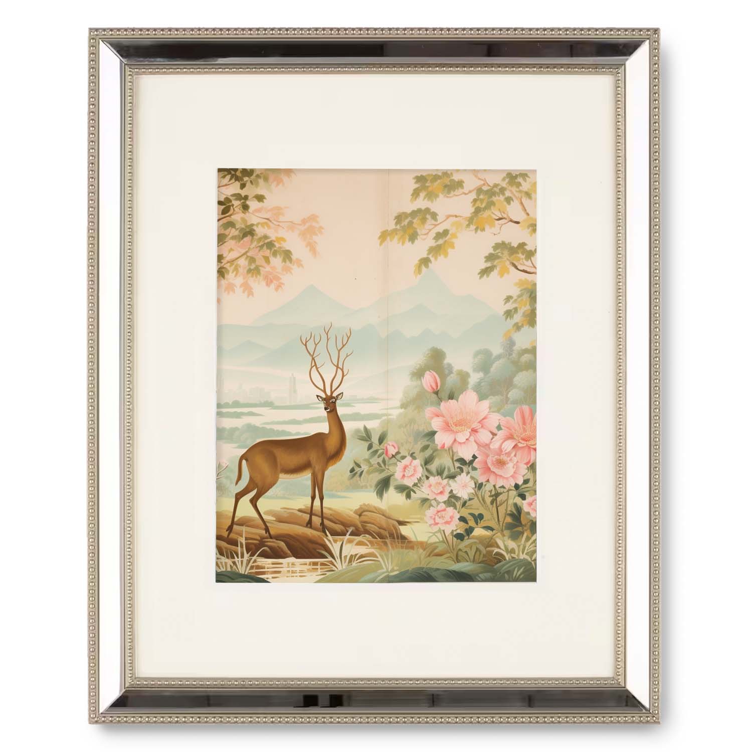 A framed painting of Yorkshire Fields, a deer in a forest, enclosed in a Stannie & Lloyd wood frame.