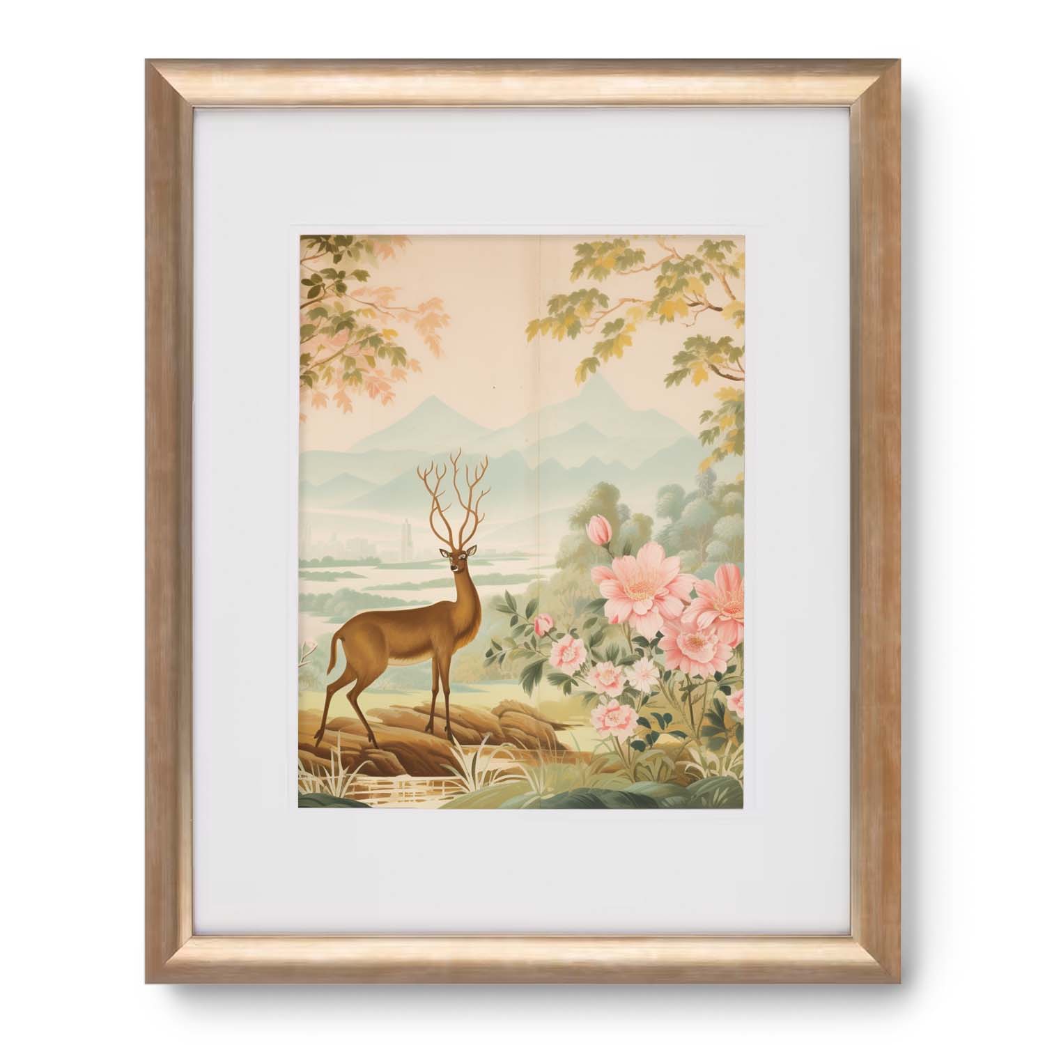 A Yorkshire Fields gold framed print of a deer in a forest, showcased in a Stannie & Lloyd wood frame.