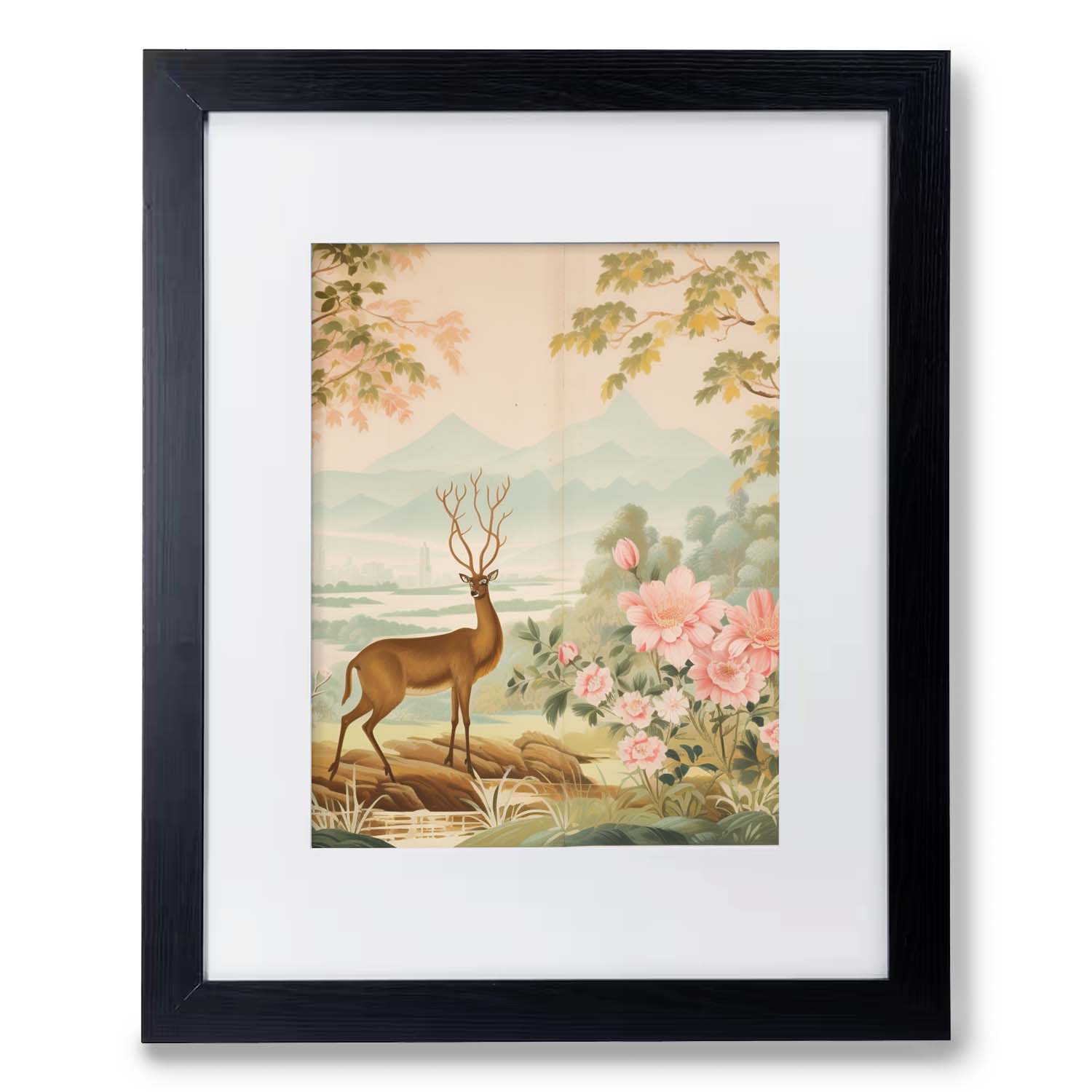 A framed print of Yorkshire Fields, a deer in a forest surrounded by a wood frame by Stannie & Lloyd.