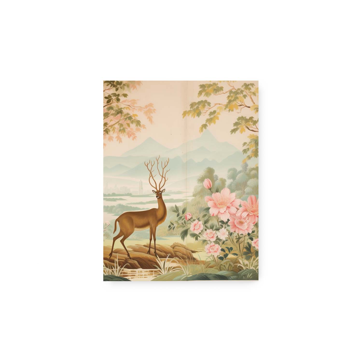 A Yorkshire Fields art piece depicting a deer in a forest with pink flowers, displayed within a Stannie & Lloyd wood frame.