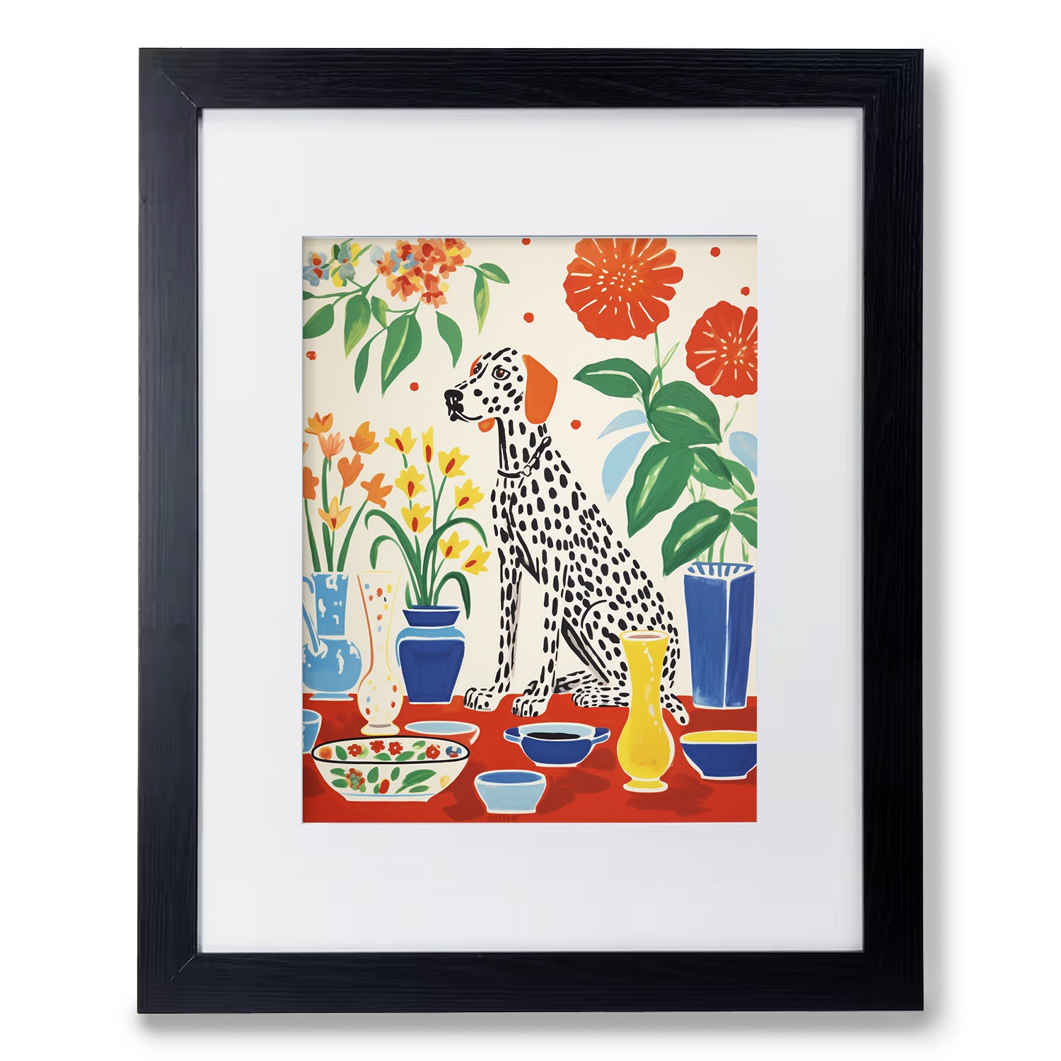 A Langston at High Tea wall art print by Stannie & Lloyd featuring a black framed image of a dalmatian sitting on a red rug.