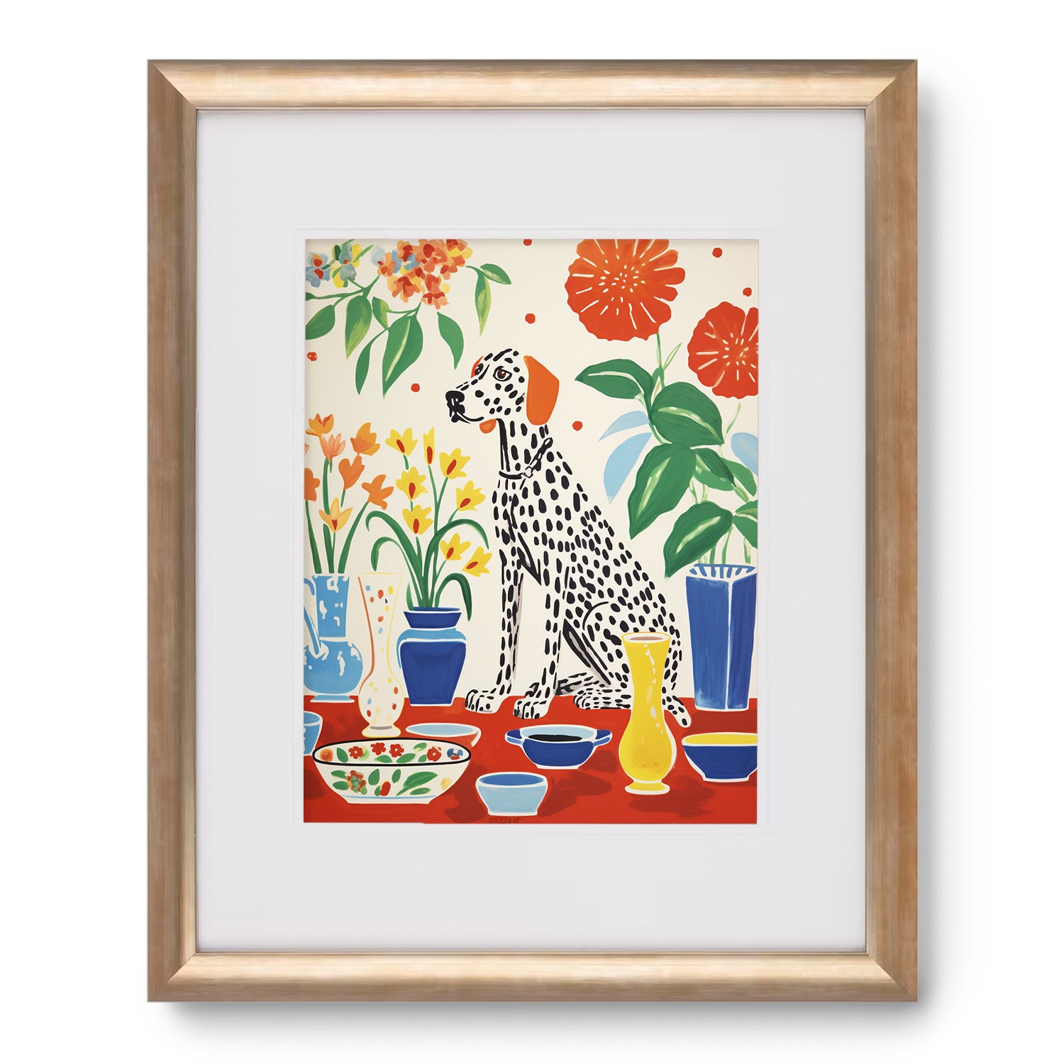 A Langston at High Tea dalmatian in a gold framed print, perfect for walls with art.