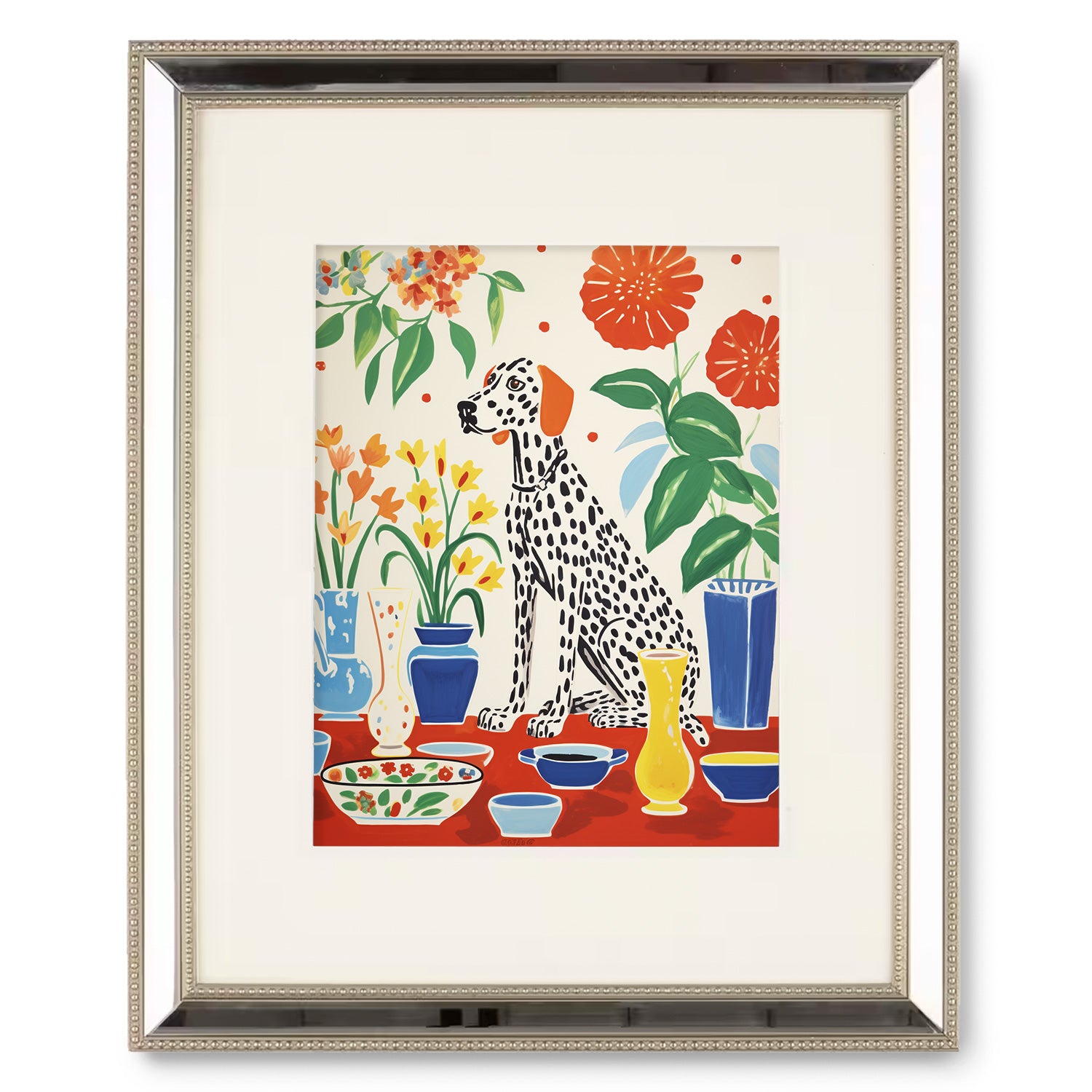 An art print of Langston at High Tea, a dalmatian sitting on a red rug. Perfect for walls with art.