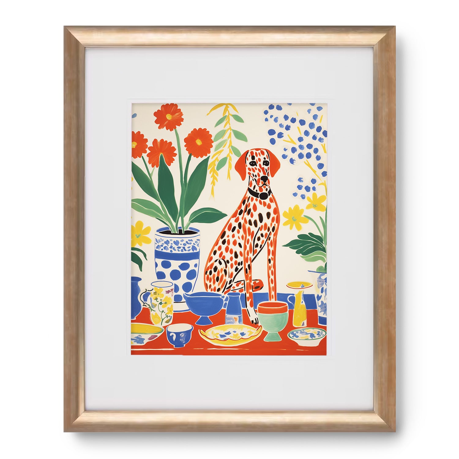 Add some character to your walls with a vibrant Elliot at High Tea art print by Stannie & Lloyd, featuring a dalmatian surrounded by beautiful flowers. Perfect for maximalist decor enthusiasts.