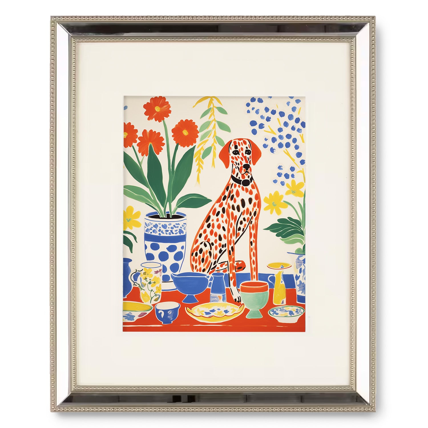 A Elliot at High Tea wall decor art print of a dalmatian with flowers by Stannie & Lloyd.