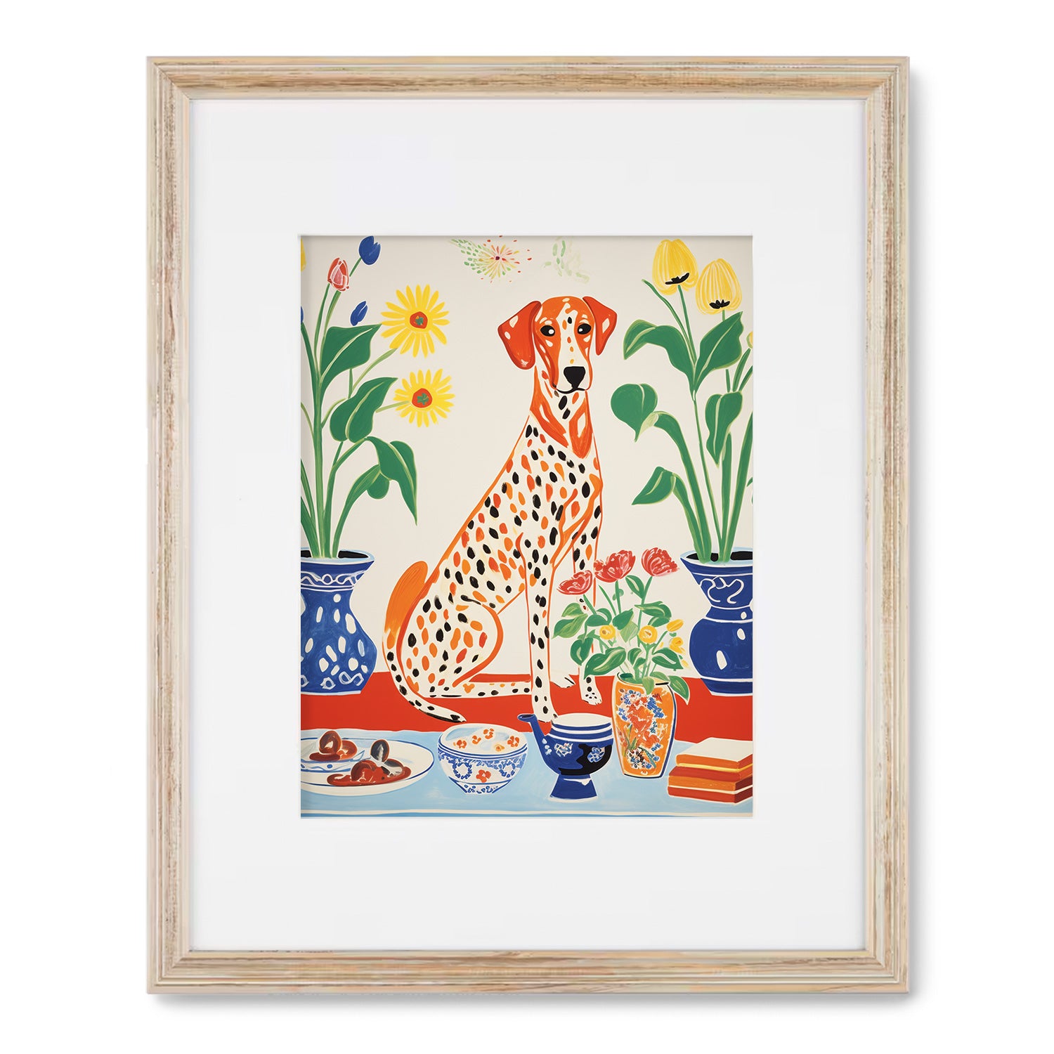 A vintage framed art print of Milton at High Tea, a dalmatian with flowers by Stannie & Lloyd.