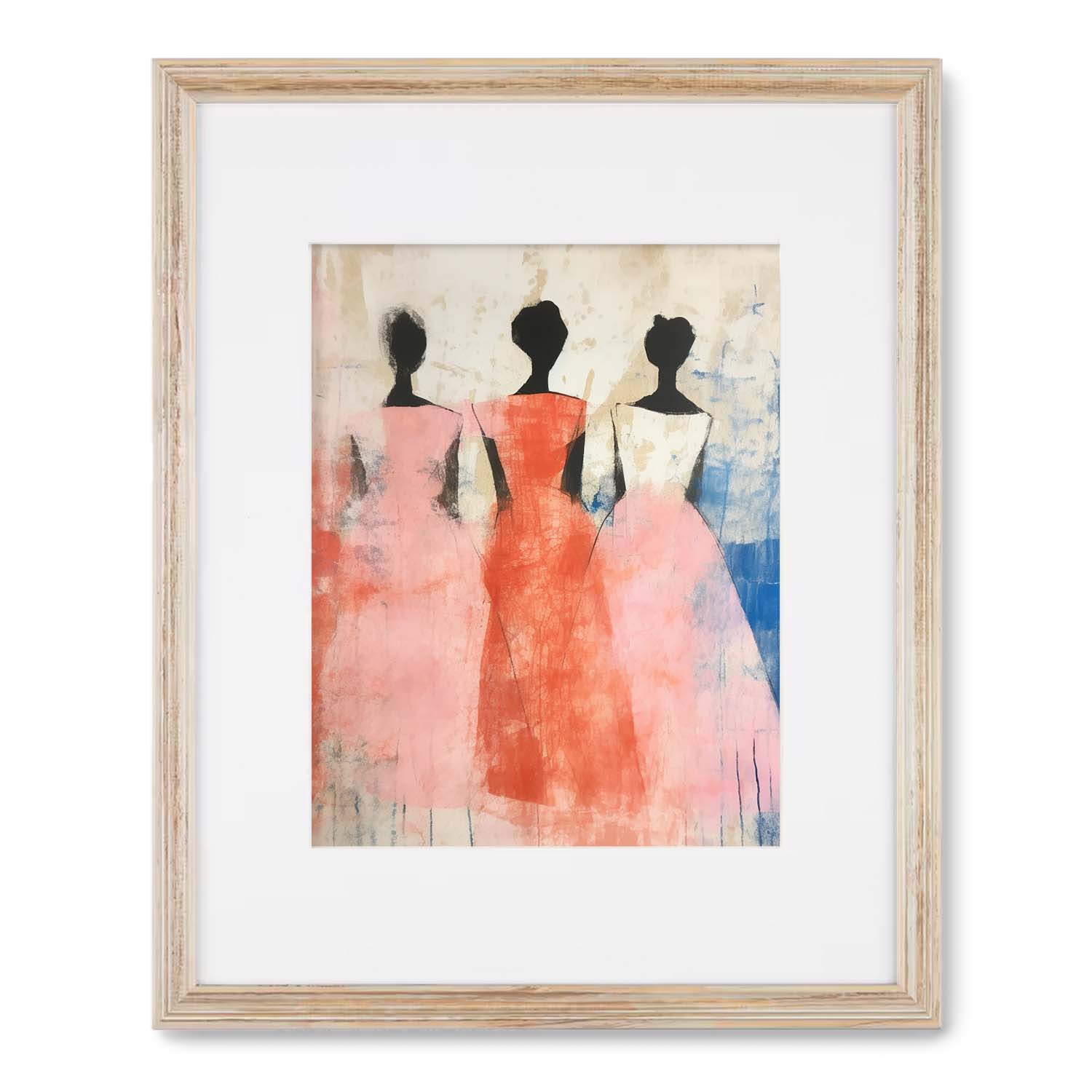 Wall art for living room featuring Stannie & Lloyd's "Dance" prints of three silhouetted figures with a red, white, and blue background, in a wooden frame.