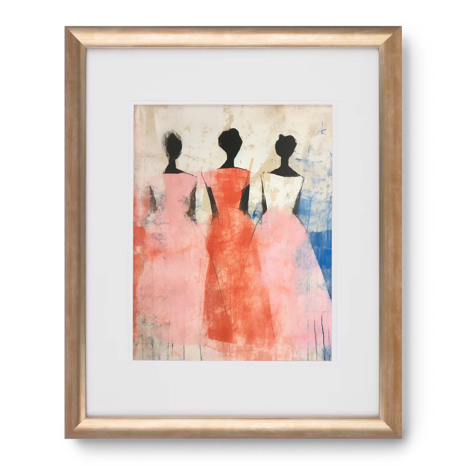 Vintage dance art of three silhouetted figures against a soft-hued background, displayed in a wooden frame by Stannie & Lloyd.