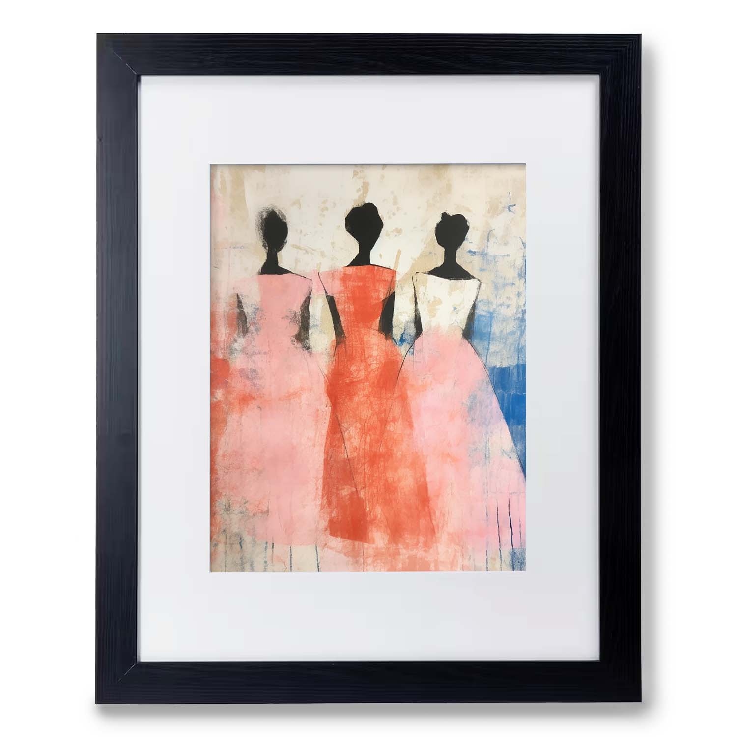 Abstract art prints of three silhouetted figures in dresses within a black frame called "Dance" by Stannie & Lloyd.