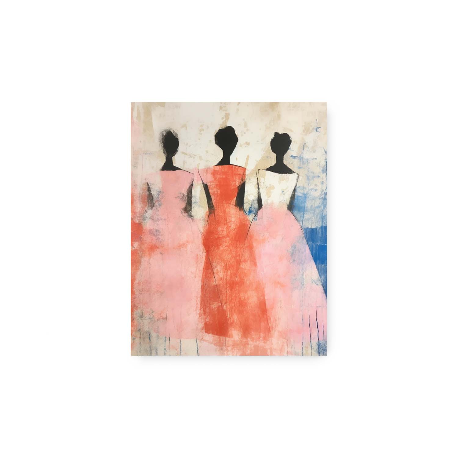 Abstract Dance wall art for living room featuring silhouettes of three figures in dresses with a colorful background by Stannie & Lloyd.