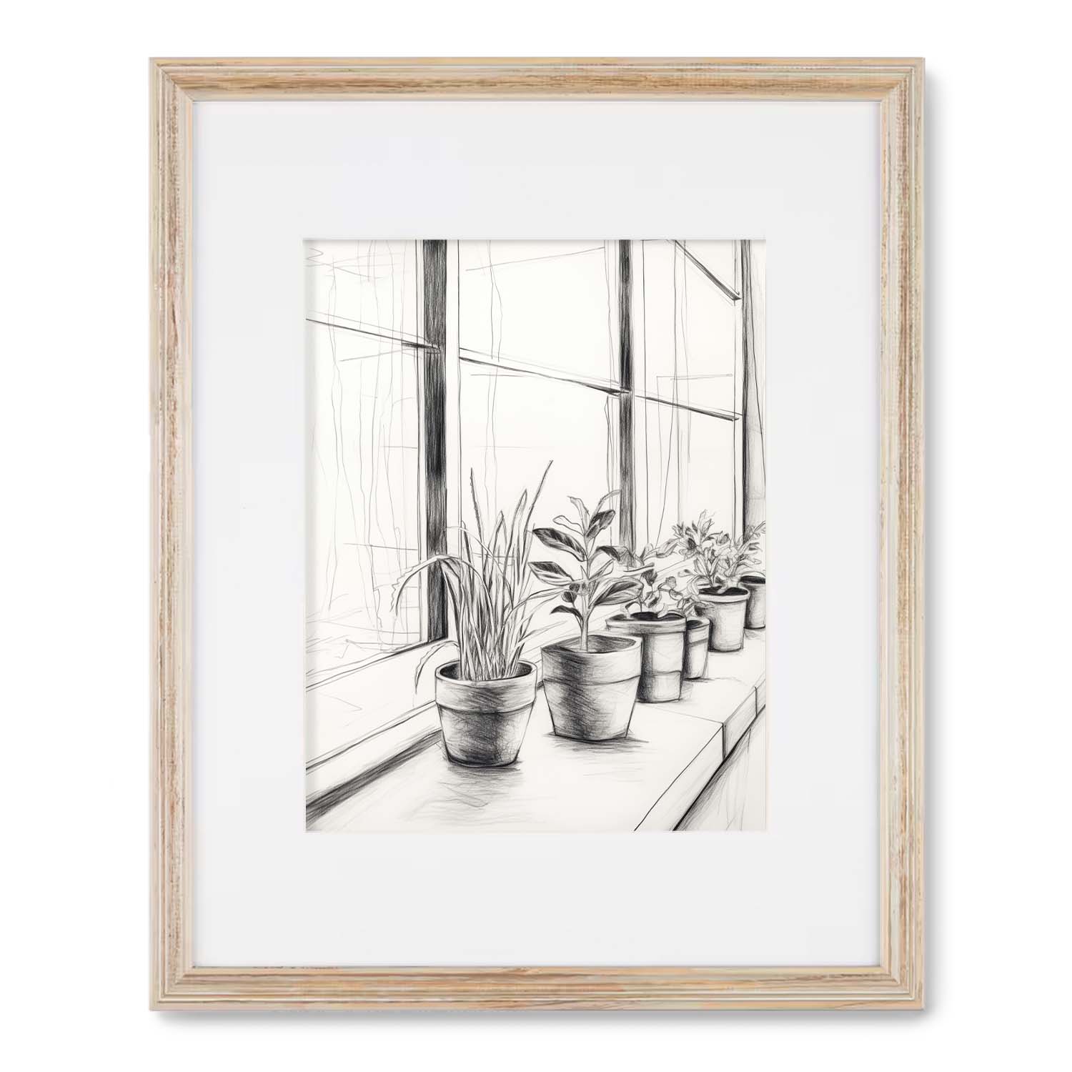 A black and white drawing of potted plants on a window sill, beautifully displayed in a Stannie & Lloyd wood frame.