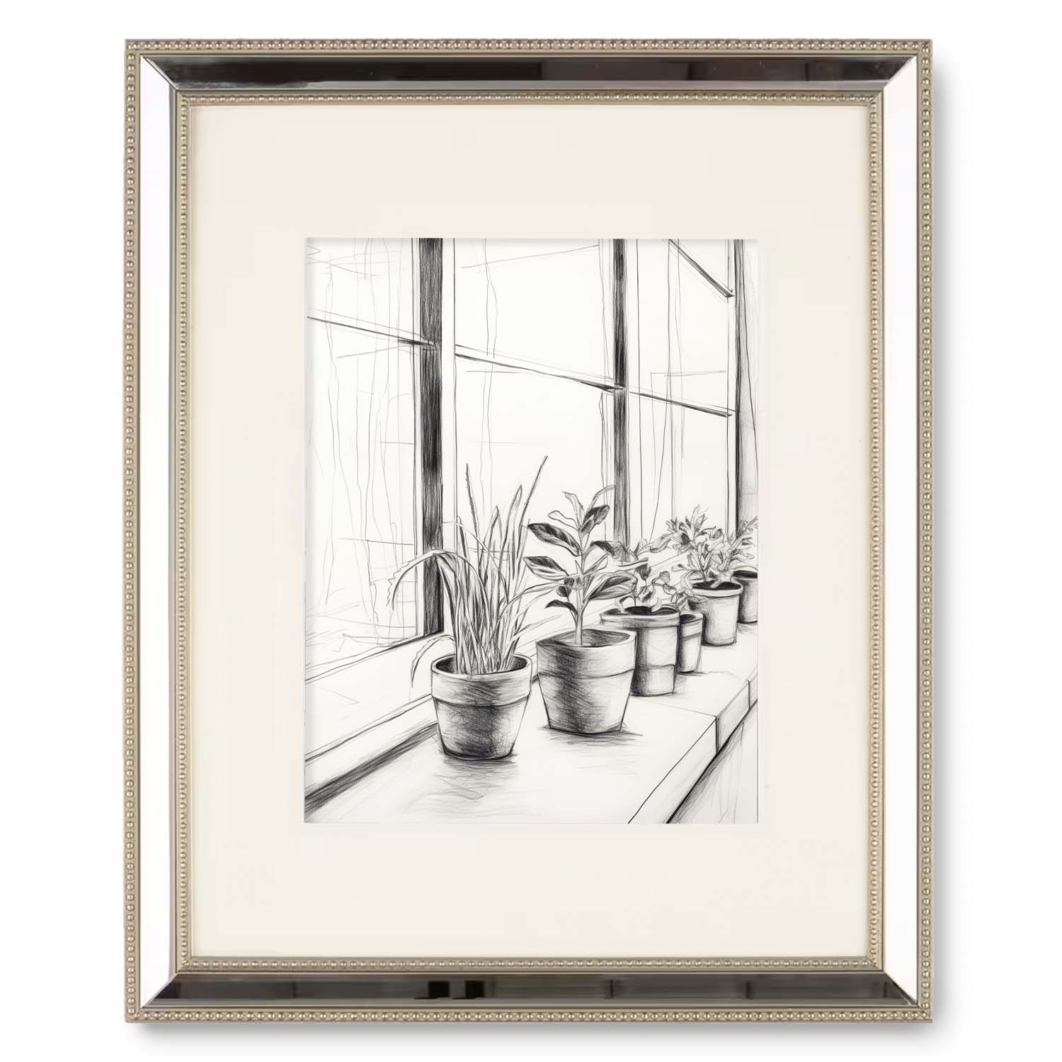 A black and white drawing of potted plants from The Sill, framed in a wood frame by Stannie & Lloyd.