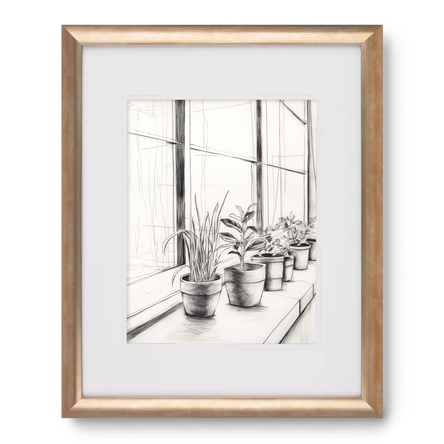 A black and white drawing of potted plants on a window sill beautifully framed with a Stannie & Lloyd wood frame and protected by glass from The Sill.