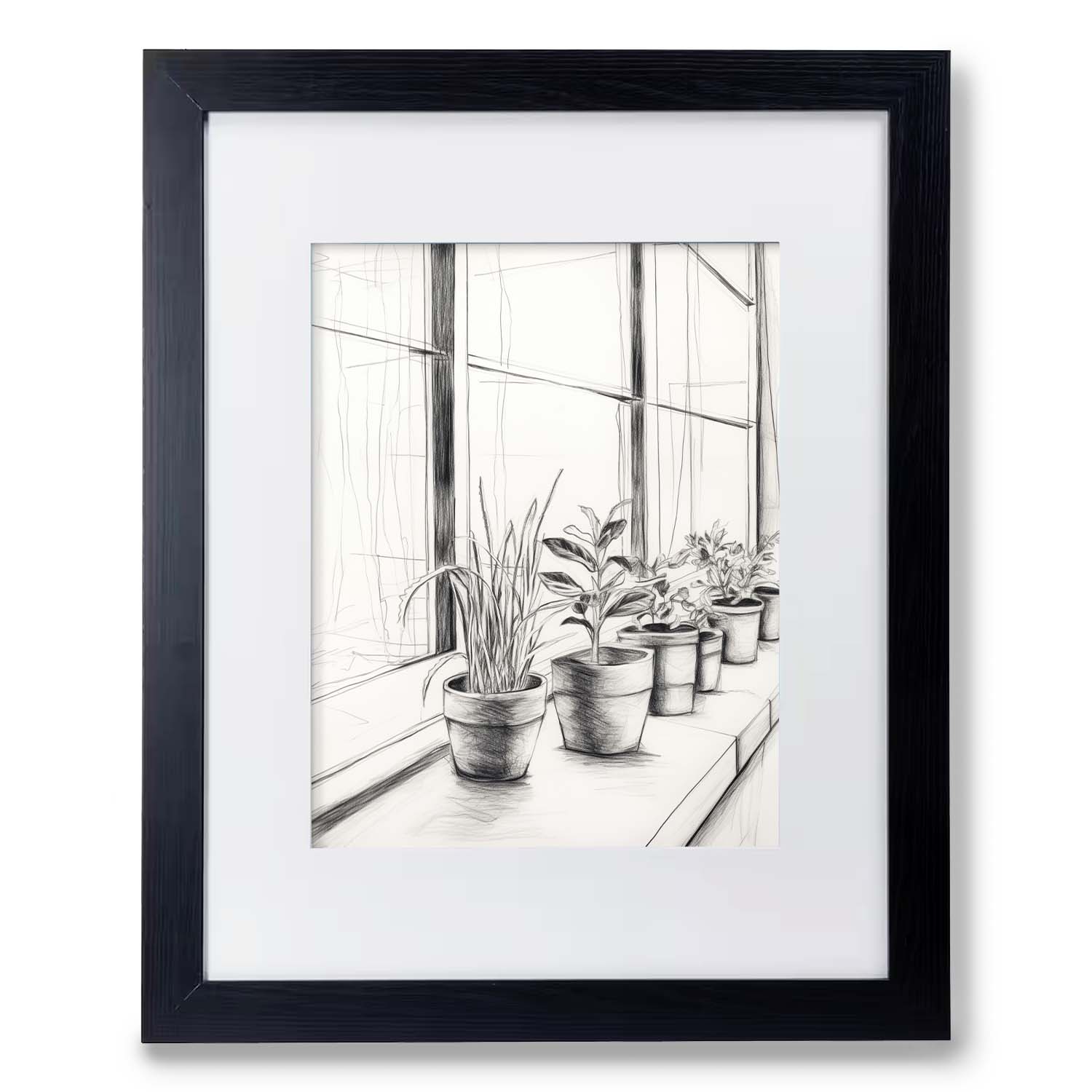 A black and white drawing of potted plants on a window sill framed in a Stannie & Lloyd wood frame with glass.