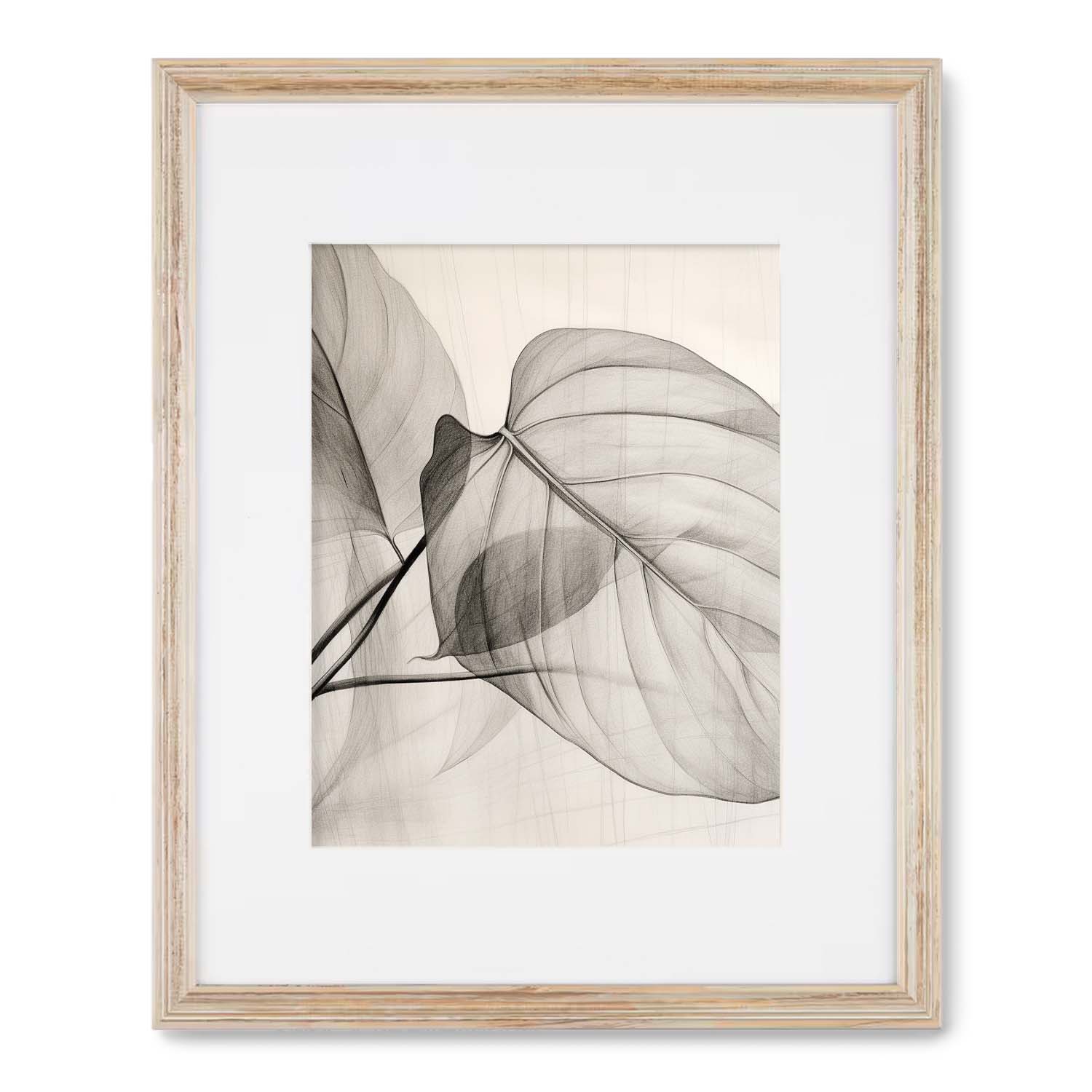 A black and white photo of Leaves elegantly displayed in a wood frame by Stannie & Lloyd.