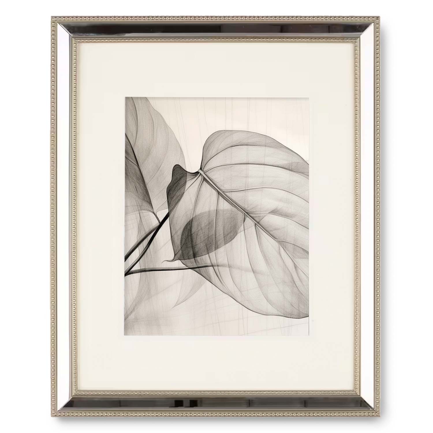 A black and white photograph of Leaves beautifully displayed in a Stannie & Lloyd wood frame.