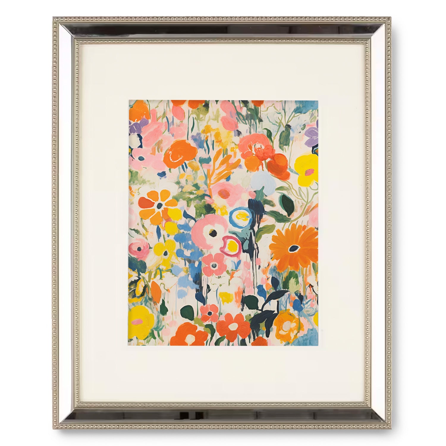 A stunning Abundance Series: 1 of 3 abstract floral painting, elegantly showcased in a silver frame. Perfect for adding a touch of maximalism to your living room decor or as striking wall art from Stannie & Lloyd.