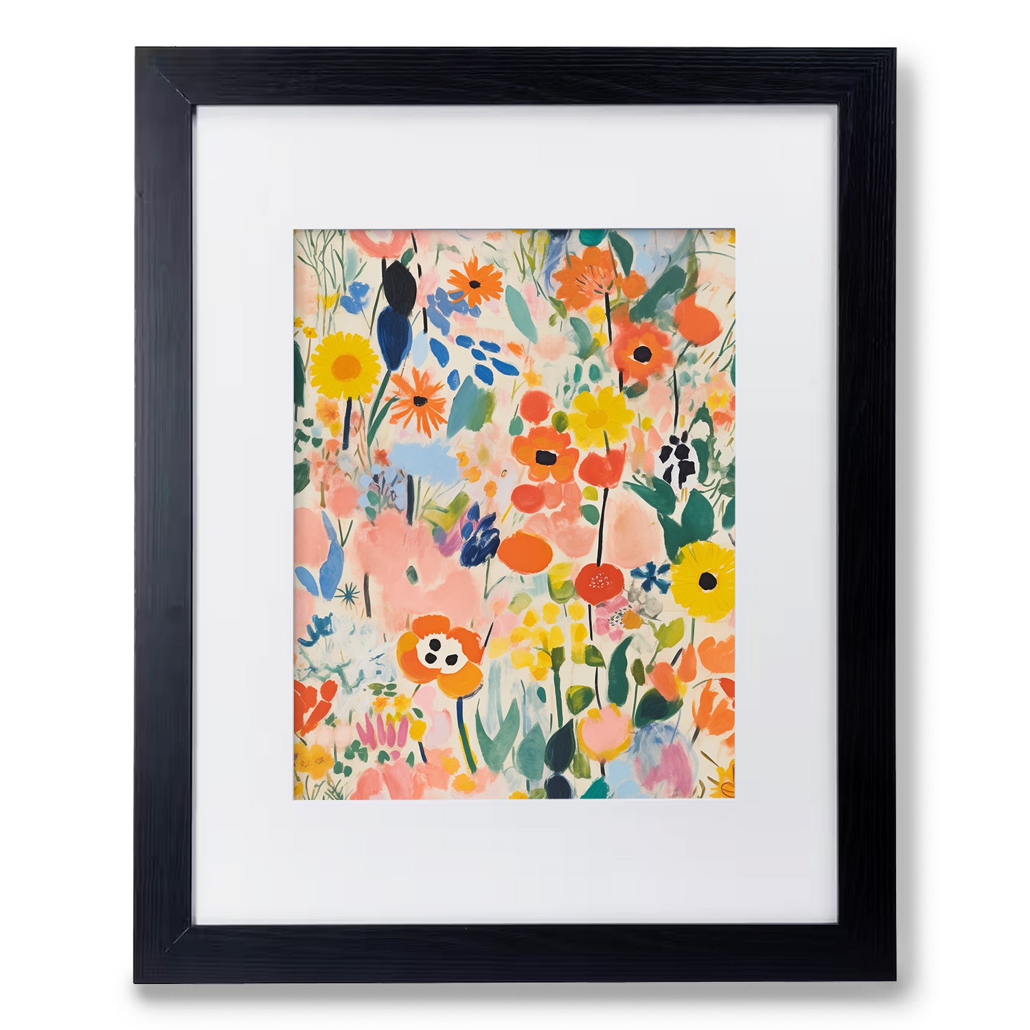 An Abundance Series: 2 of 3 black framed print of a colorful floral print brings vibrant art to walls by Stannie & Lloyd.