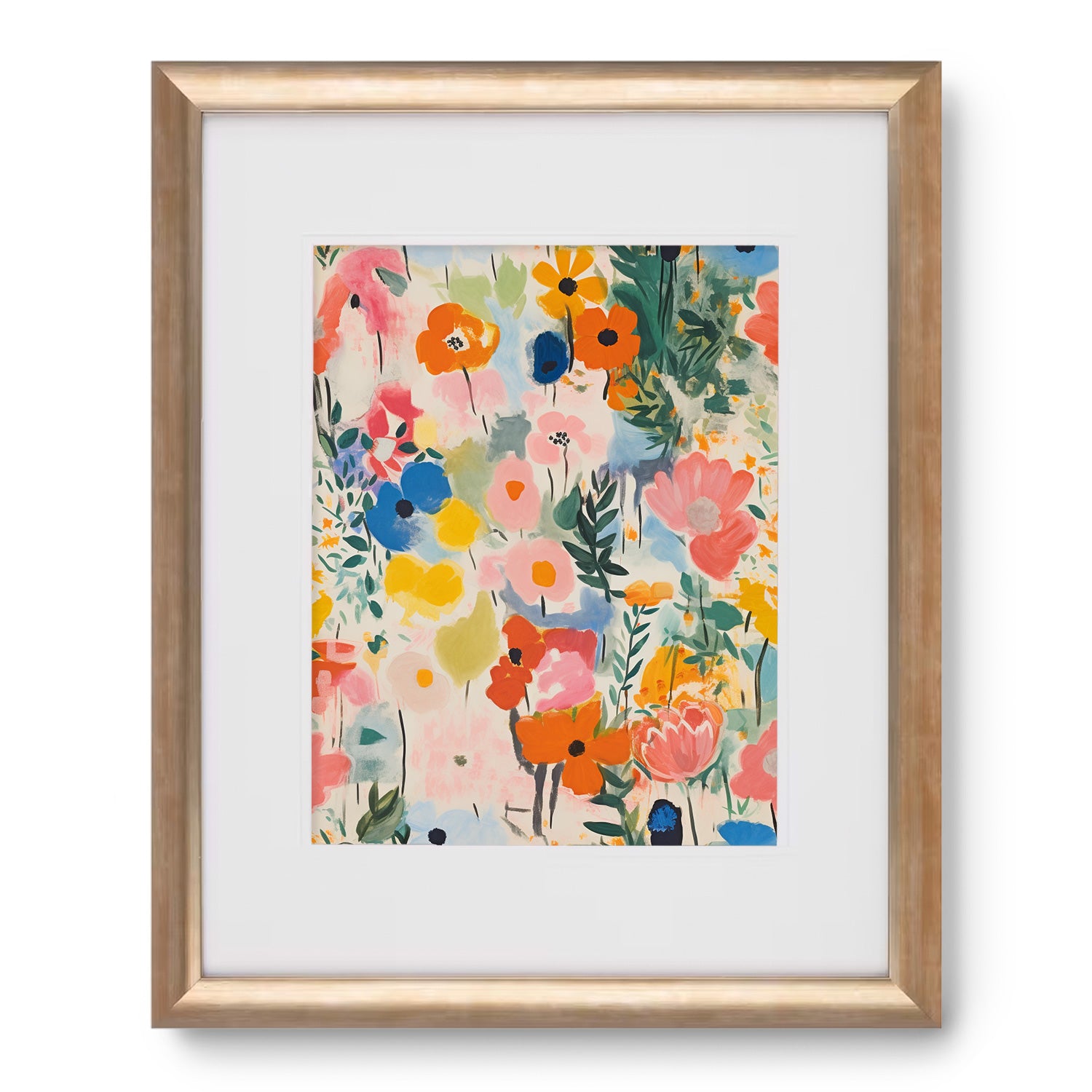 A vibrant floral print from the Abundance Series: 3 of 3 by Stannie & Lloyd, tastefully framed in gold, perfect for wall decor.