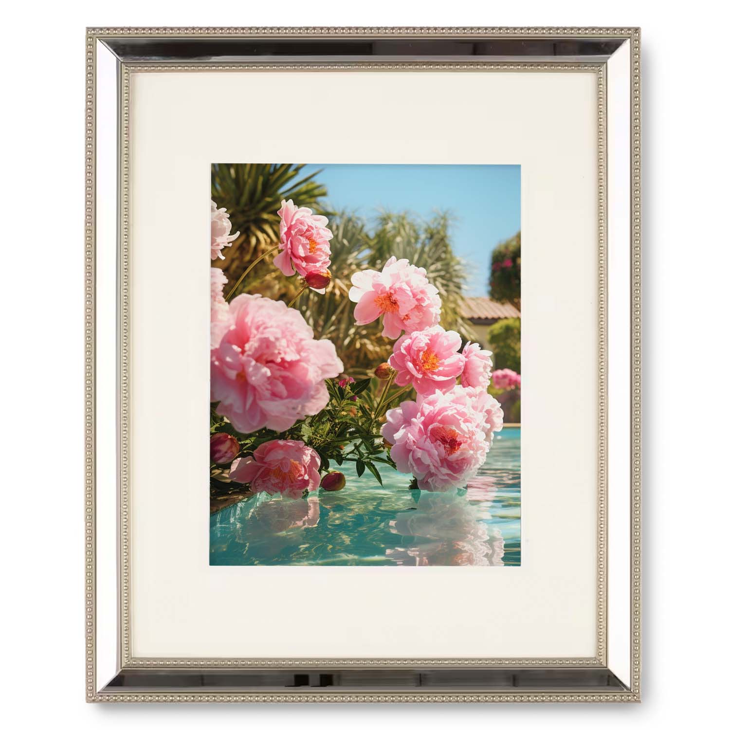 A framed picture of pink flowers in a Poolhouse, enclosed in a Stannie & Lloyd wood frame.