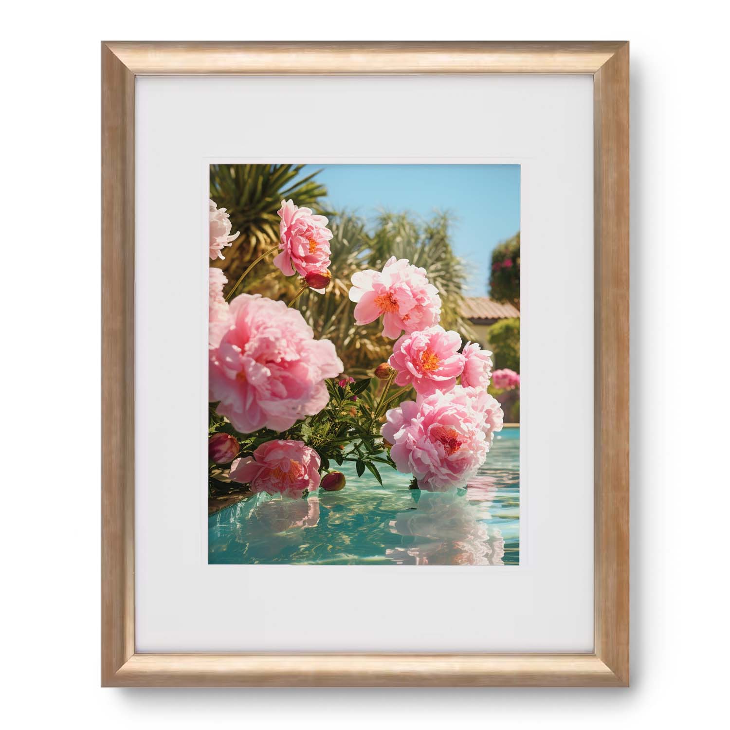 A beautiful framed photo of pink flowers in a Poolhouse, displayed elegantly with hanging hardware and encased by a Stannie & Lloyd wood frame.