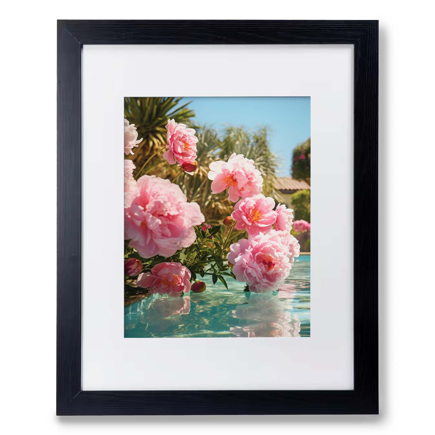 A framed print of pink flowers in a Poolhouse, beautifully showcased within a Stannie & Lloyd wood frame.