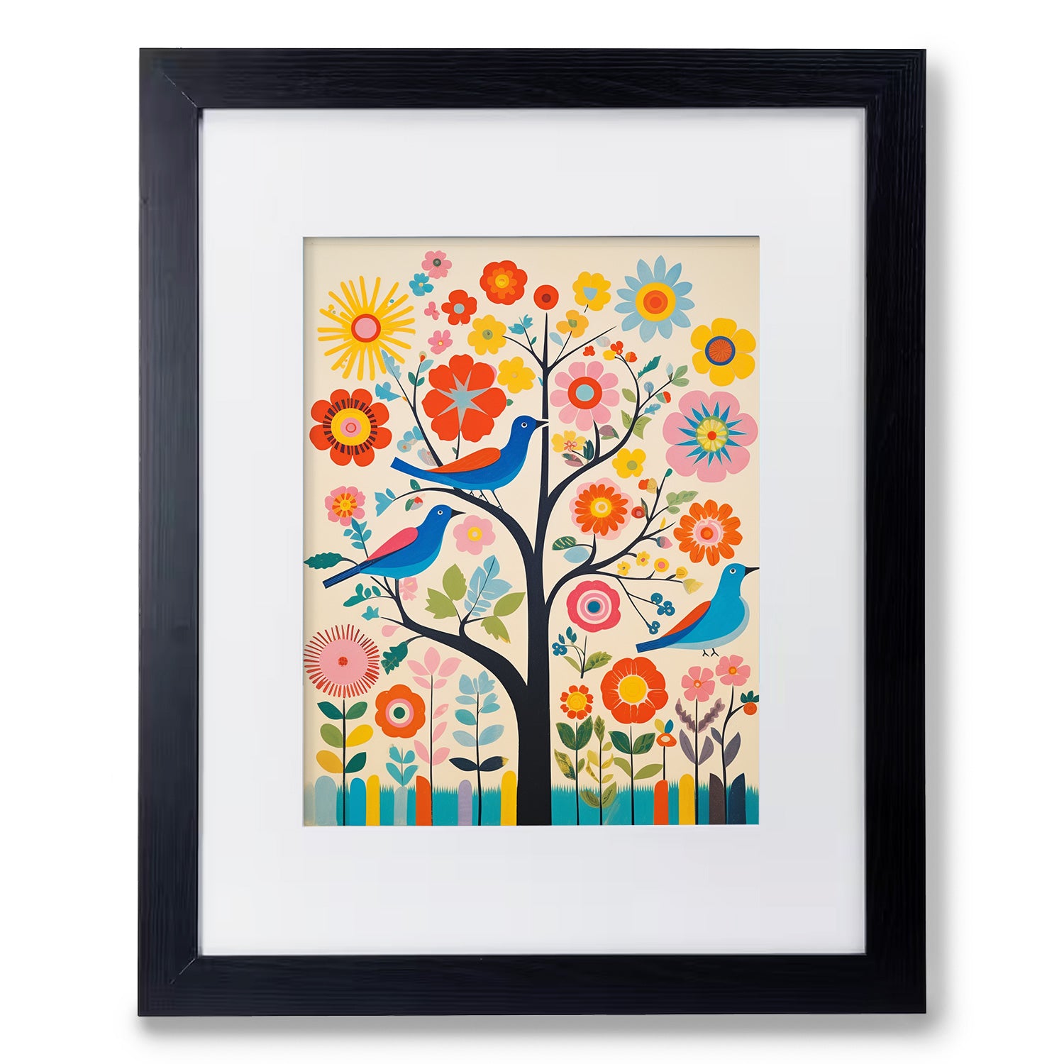 A beautiful framed print featuring birds and flowers, perfect for wall decor in your living room. Introducing Folk Tunes by Stannie & Lloyd.