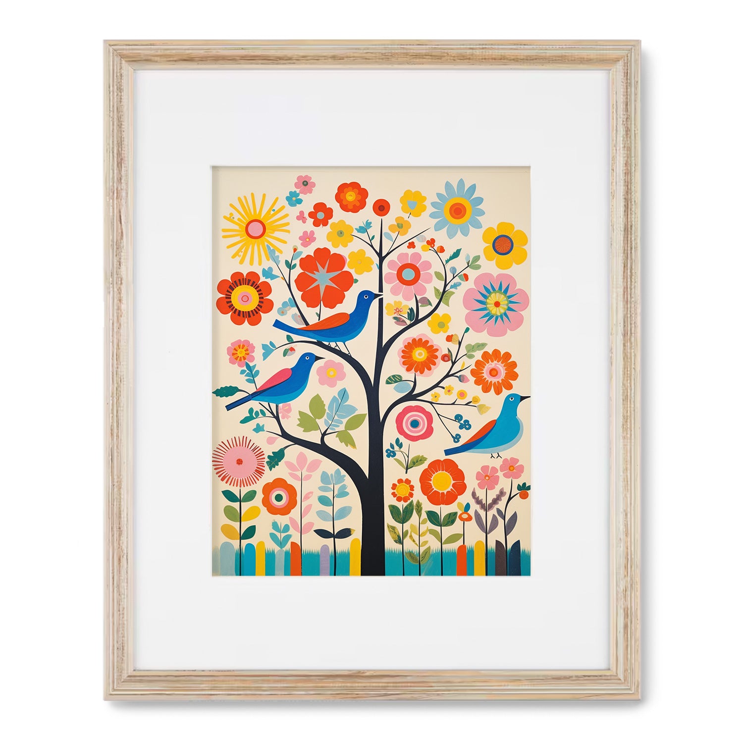 A maximalist framed art print featuring birds and flowers on a tree, perfect for wall art in a living room, called Folk Tunes by Stannie & Lloyd.