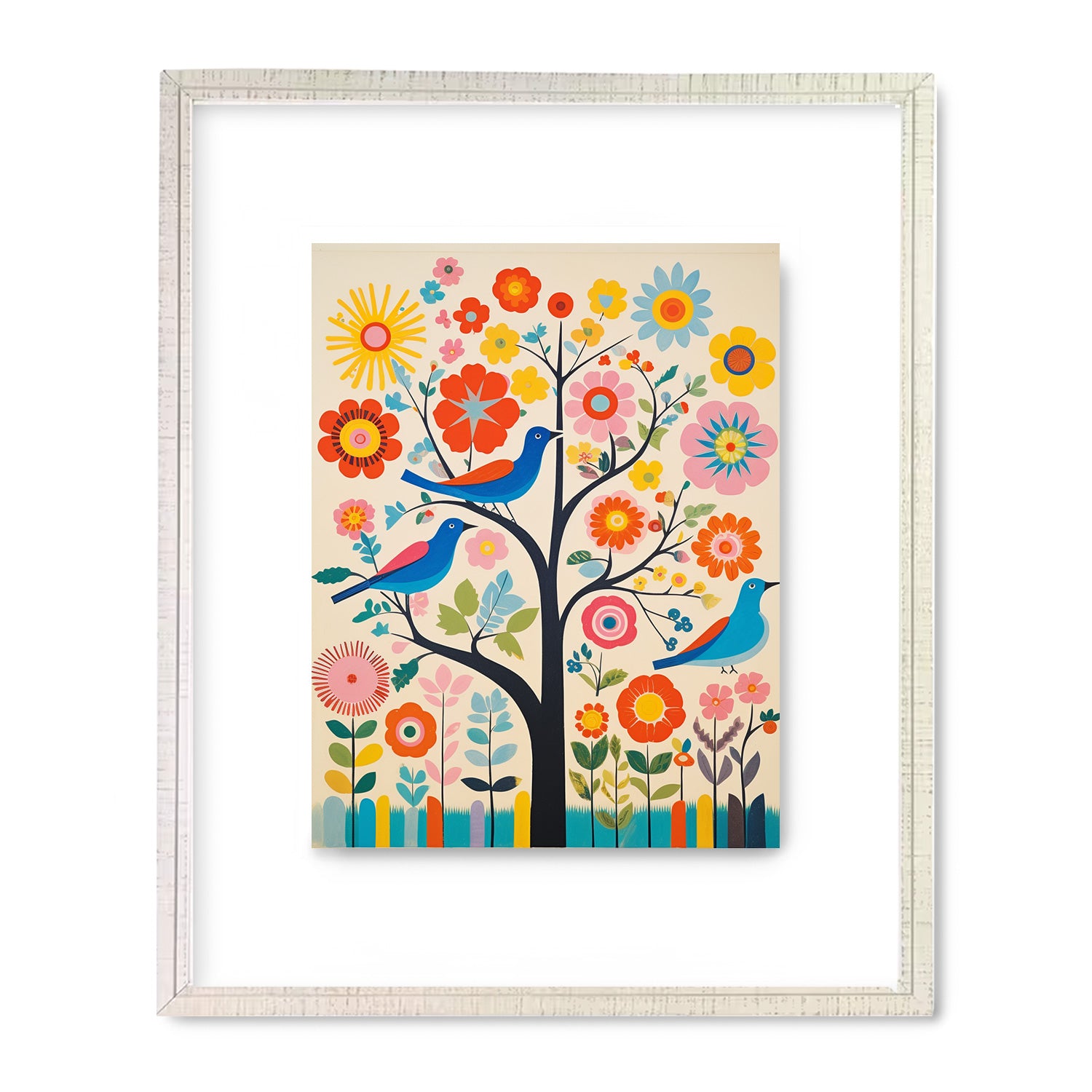 Enhance your living room with a captivating Folk Tunes art print featuring a tree adorned with delightful birds and blooming flowers by Stannie & Lloyd.