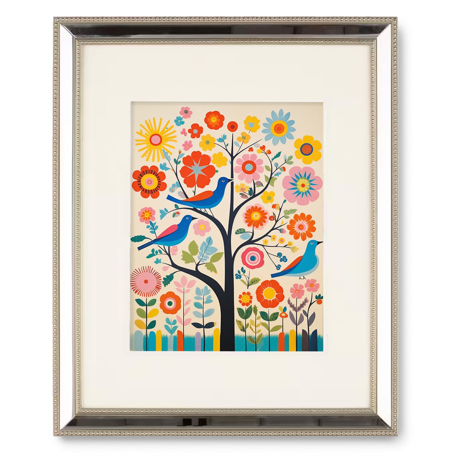 A maximalist framed art print featuring birds and flowers on a tree, perfect for wall decor, called Folk Tunes by Stannie & Lloyd.