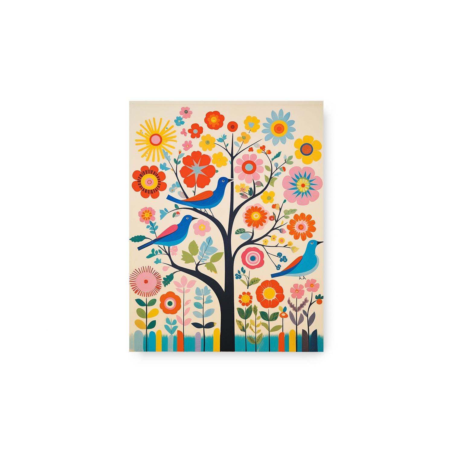 A vibrant depiction of a tree adorned with colorful birds and blooming flowers, perfect for adding artistic touches to your walls, the Folk Tunes by Stannie & Lloyd is ideal.