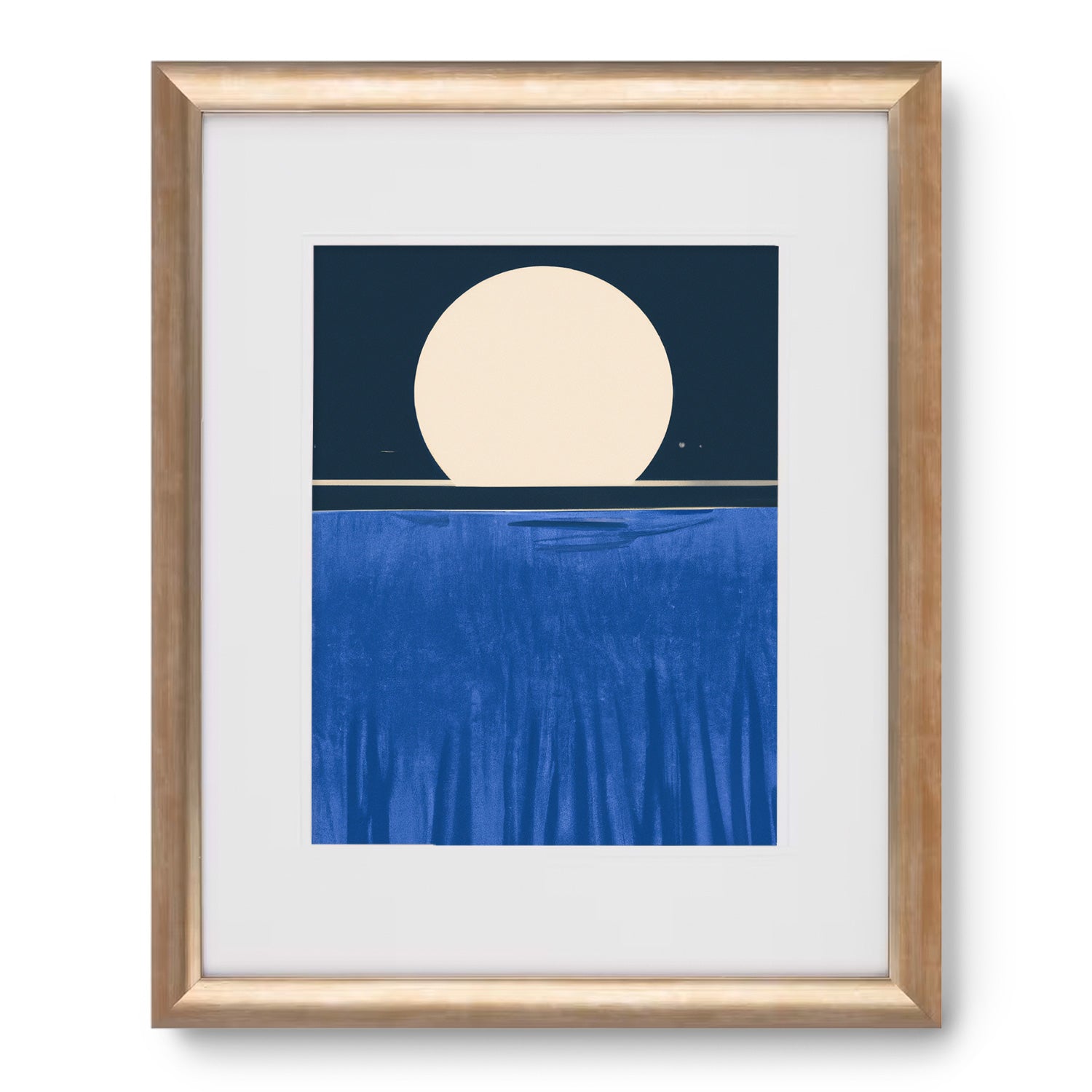 A Pale Moon Over Plains print with a Stannie & Lloyd gold frame featuring a blue moon set against a backdrop of water.