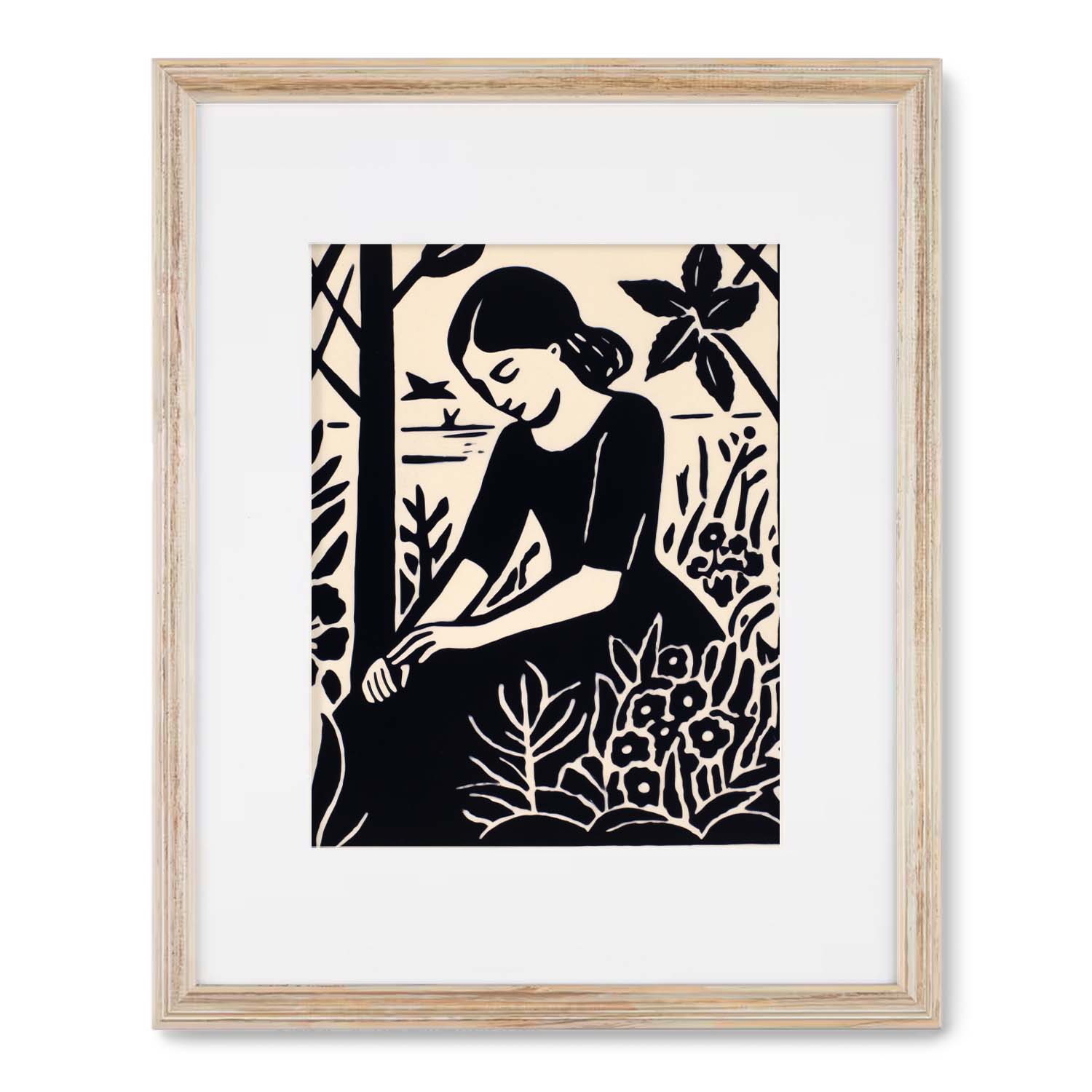 A Seeds Planted print of a woman in the woods, beautifully encased in a Stannie & Lloyd wooden frame.