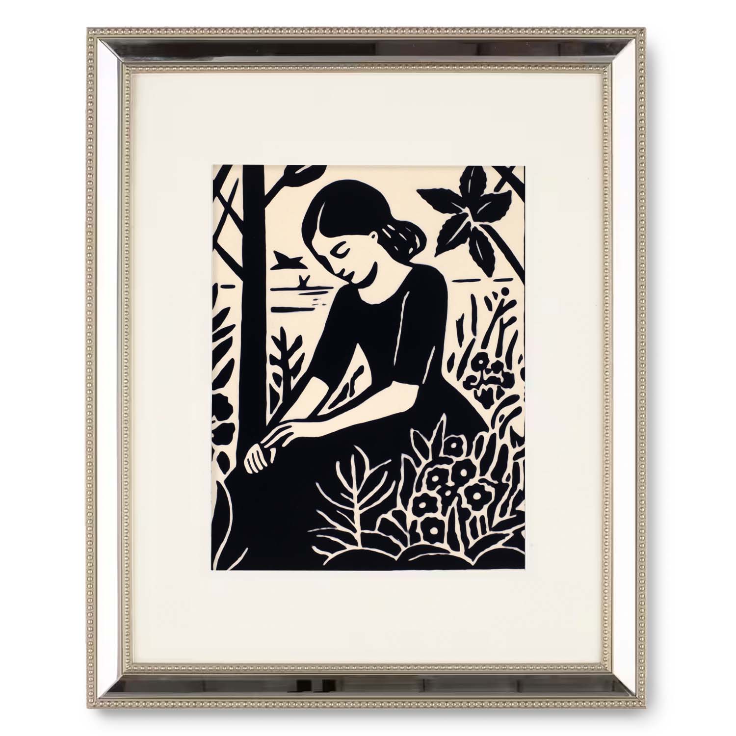 A black and white print of a woman in a black dress, beautifully displayed in the Stannie & Lloyd Seeds Planted wood frame.