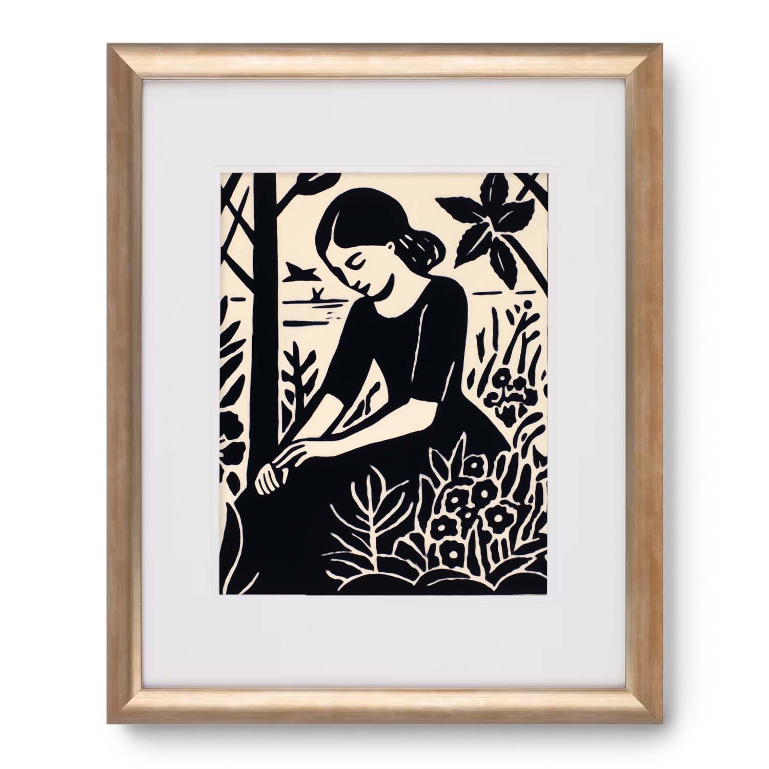 A black and white print of a woman in the forest, beautifully presented in a Stannie & Lloyd wood frame called "Seeds Planted".