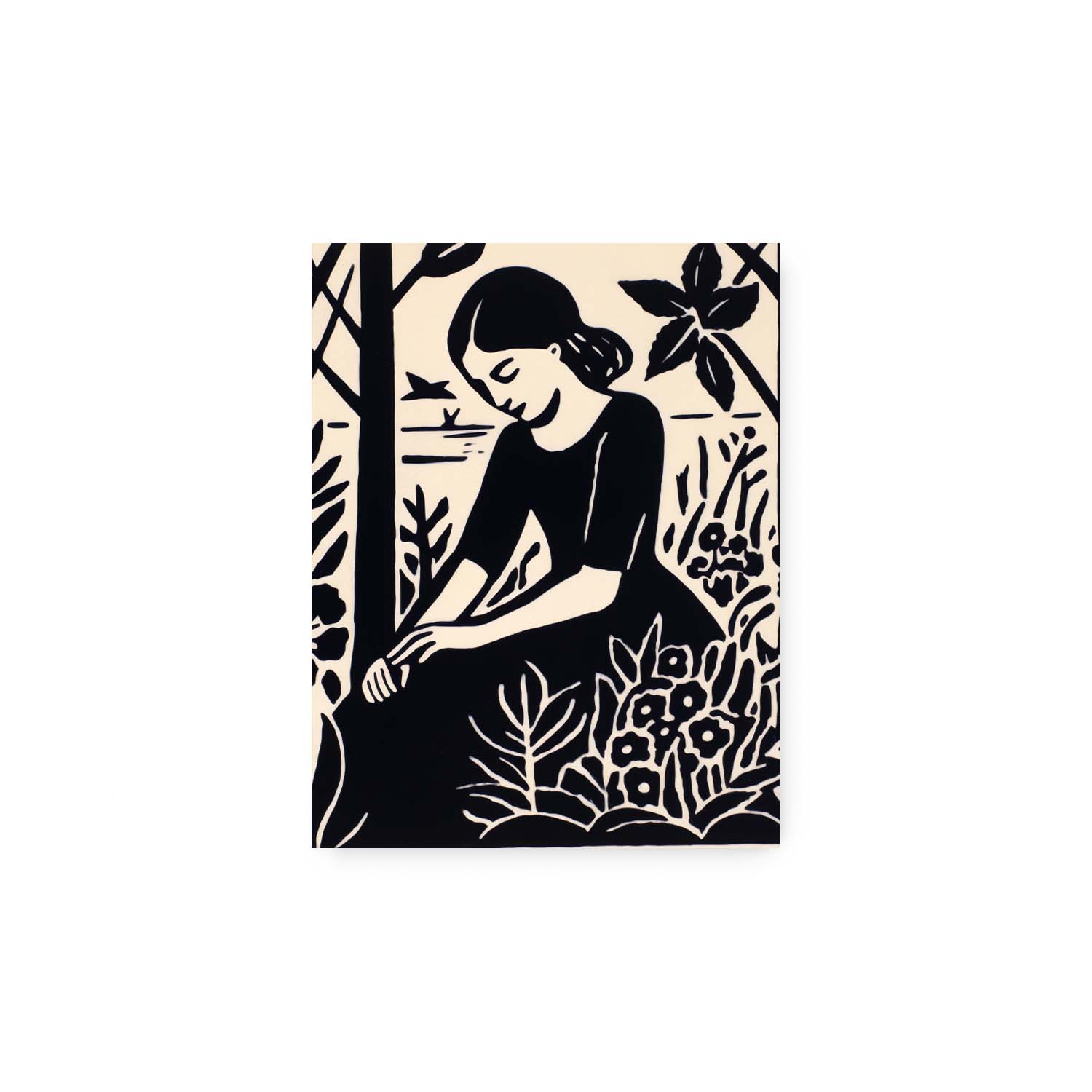 A black and white illustration of a woman sitting in the woods, framed in a Stannie & Lloyd wood frame called "Seeds Planted".