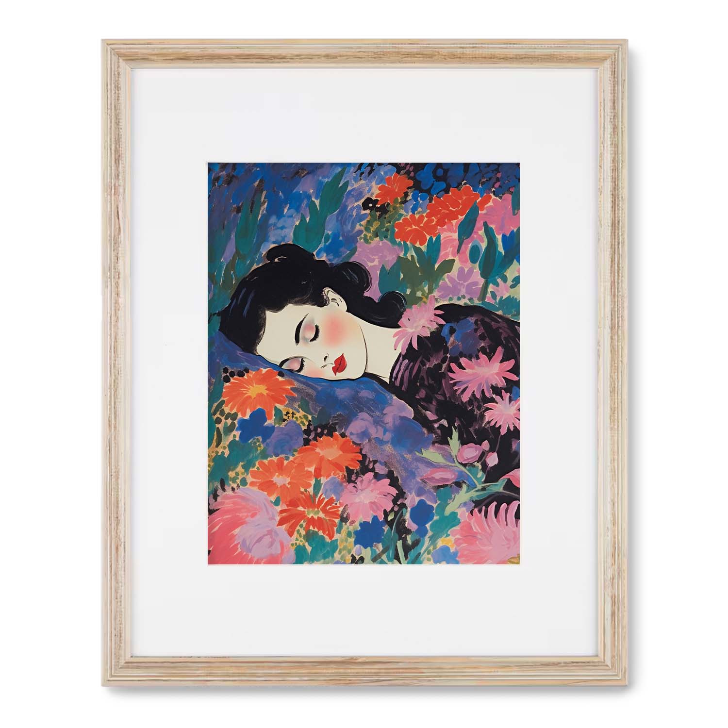 Illustration of Sleep, Perchance to Dream lying among vibrant flowers, wall art for living room, framed and ready for display by Stannie & Lloyd.