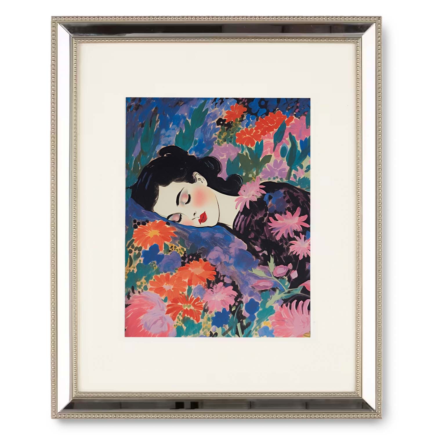 Illustration of a sleeping woman amid colorful flowers, framed on a wall as Stannie & Lloyd's "Sleep, Perchance to Dream" vintage art wall art for living room.