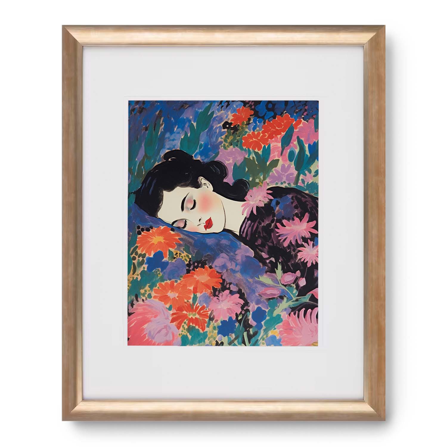 Illustration of a woman lying in a bed of colorful flowers, framed and on display as vintage wall art for living room decor featuring Sleep, Perchance to Dream by Stannie & Lloyd.