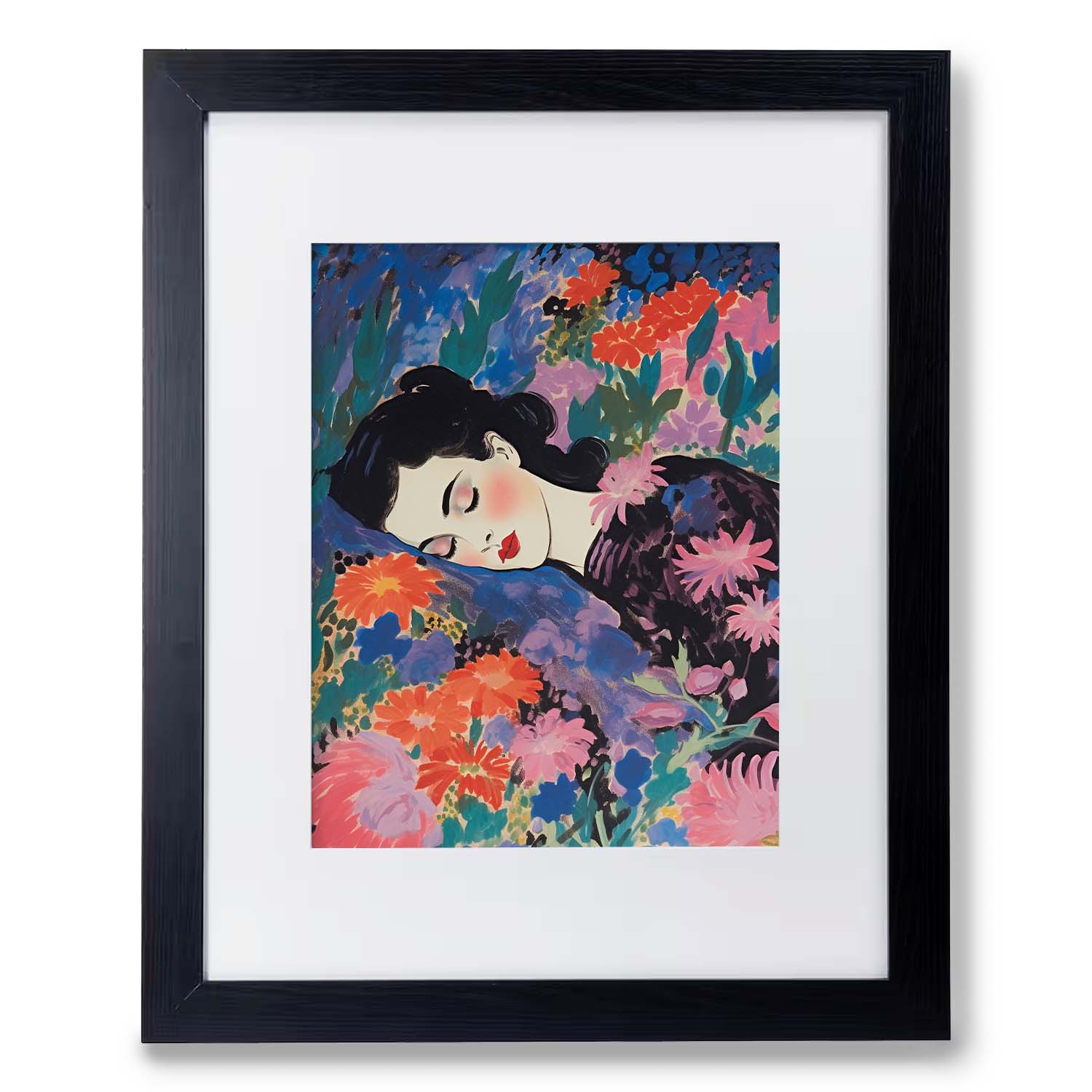 A vintage art painting of a woman lying in a bed of colorful flowers, perfect as wall art for the living room by Stannie & Lloyd's Sleep, Perchance to Dream.