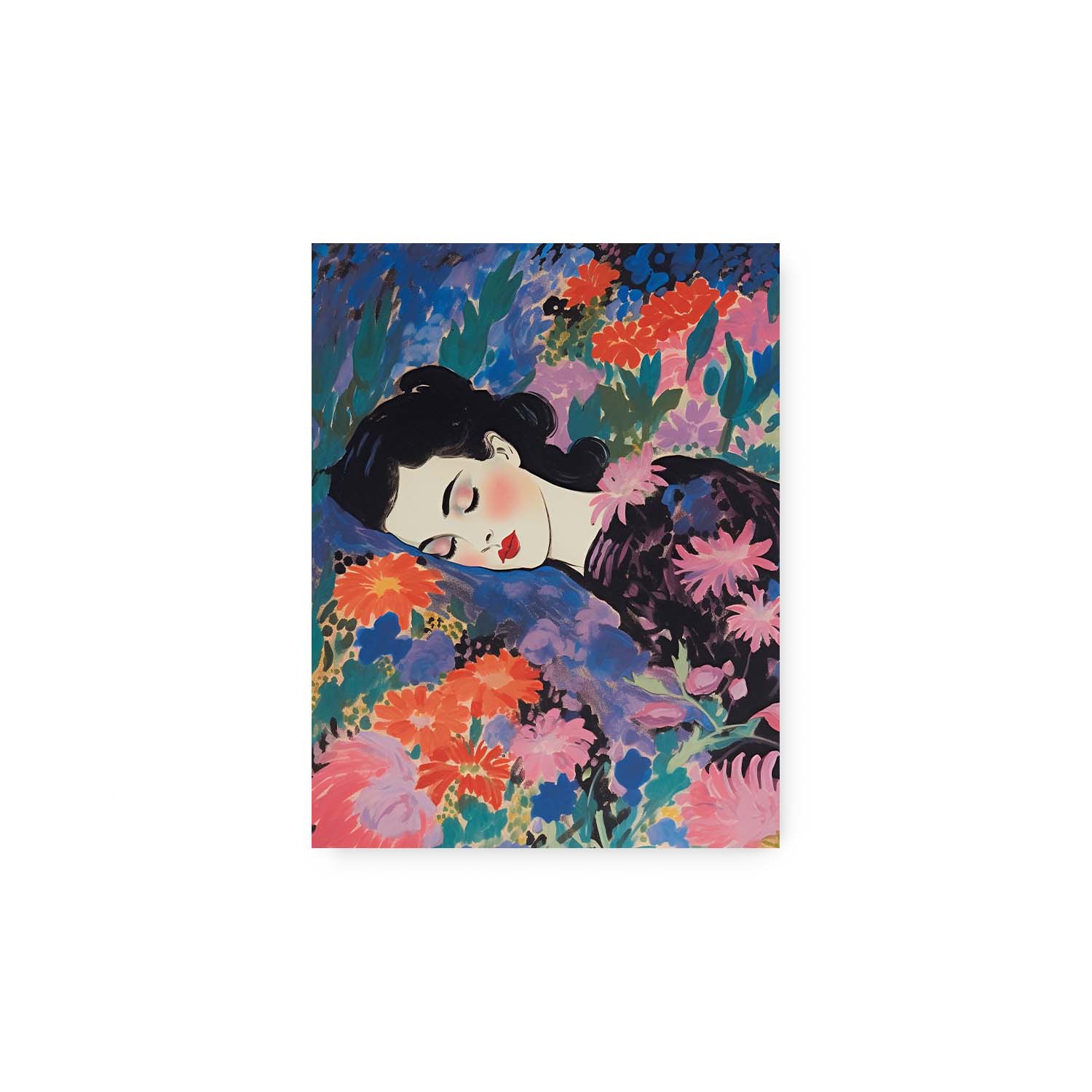 Illustration of a woman resting among vibrant flowers, perfect for Stannie & Lloyd's Sleep, Perchance to Dream vintage art wall decor.