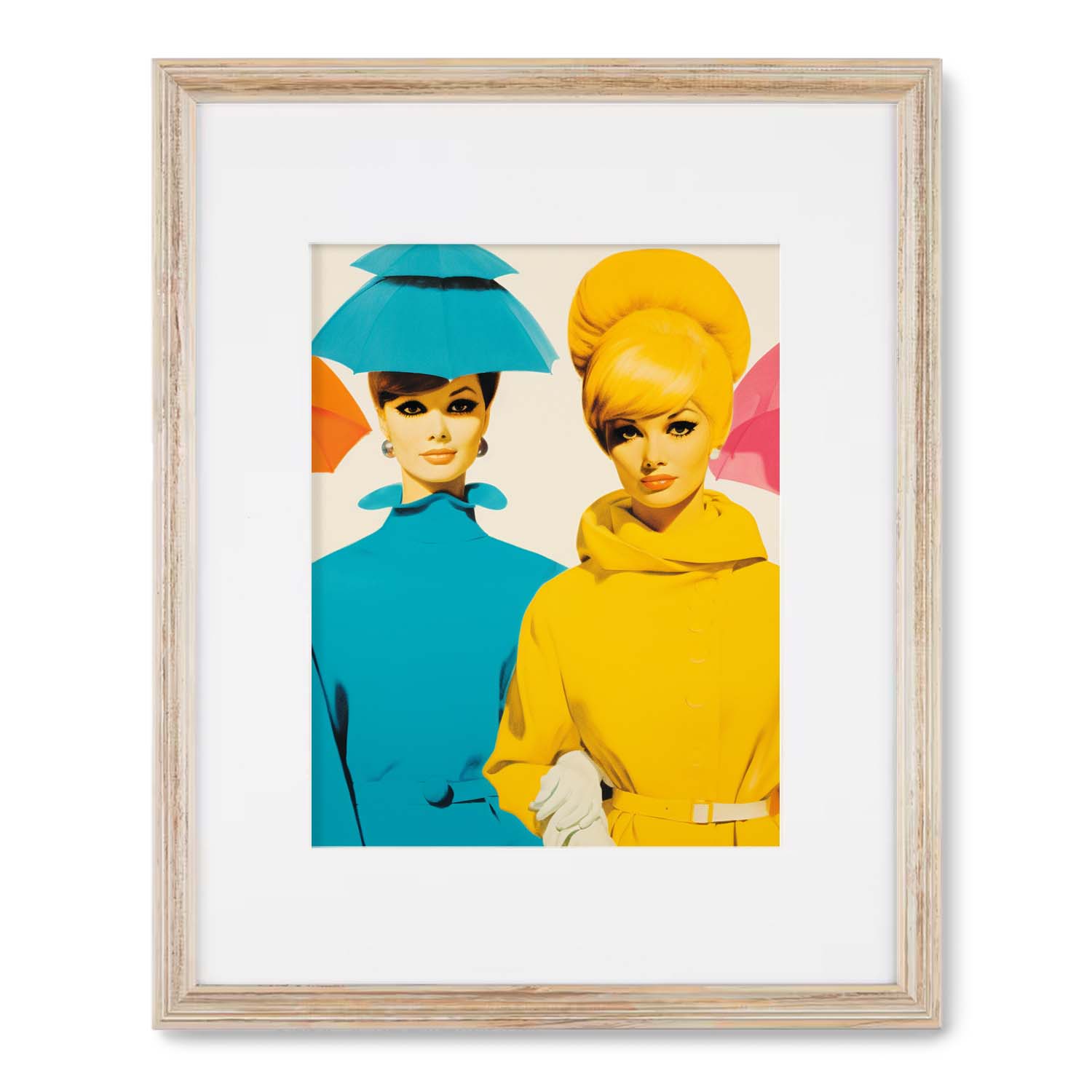 Two retro-styled fashion illustrations featuring bold colors and large hats become captivating wall art for living room, framed and displayed on a white background with Tea for Two by Stannie & Lloyd.